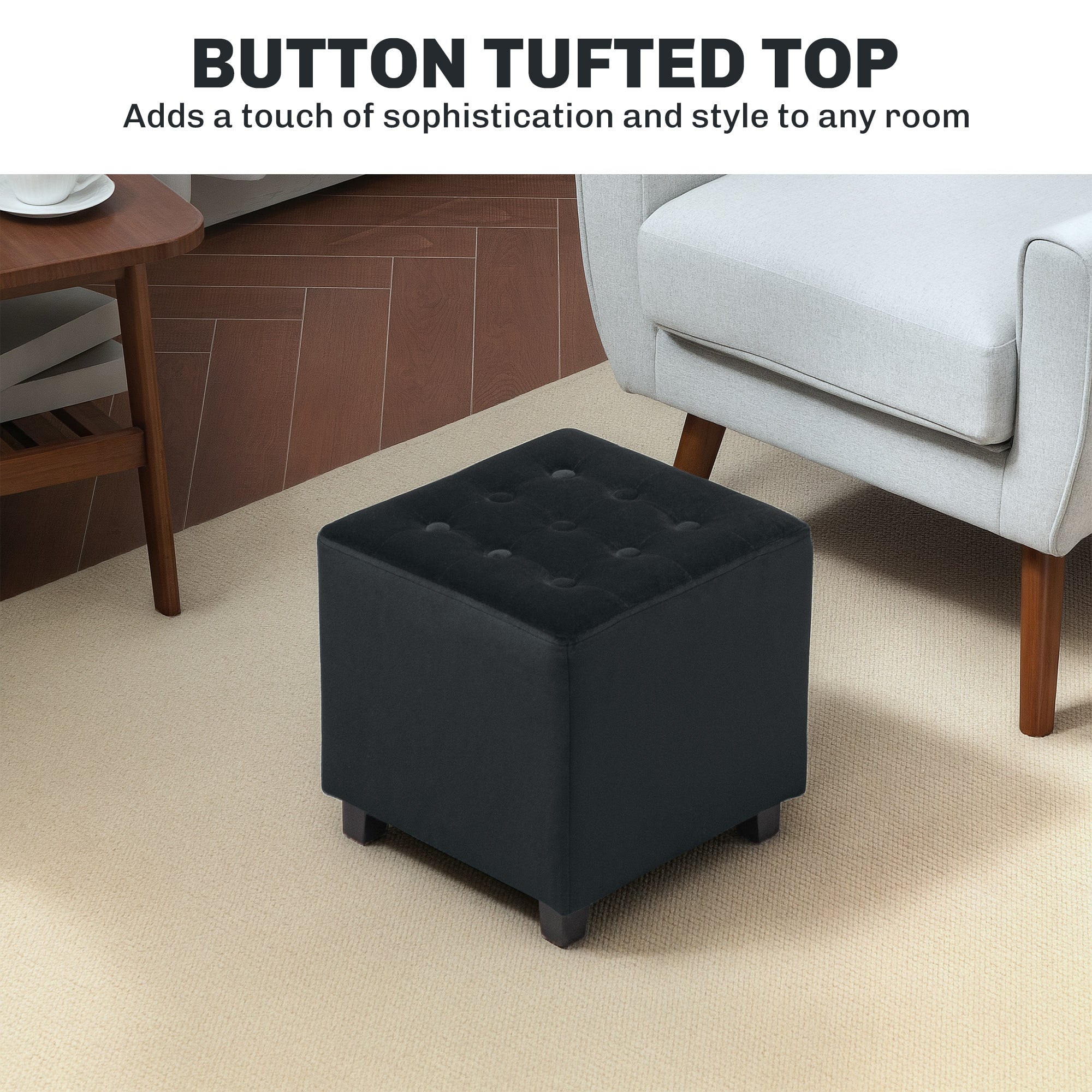 Velvet-Feel Square Ottoman - Grey