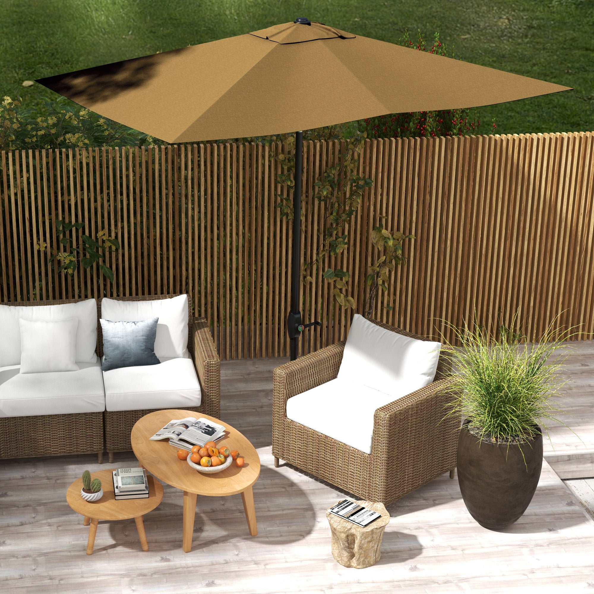 2 x 3(m) Garden Parasol Umbrella, Rectangular Outdoor Market Umbrella Sun Shade with Crank & Push Button Tilt, 6 Ribs, Aluminium Pole, Brown