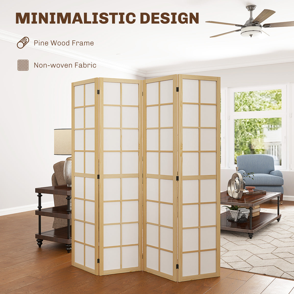4 Panel Folding Room Divider 160x170cm Freestanding Privacy Screen - Natural Wood Finish