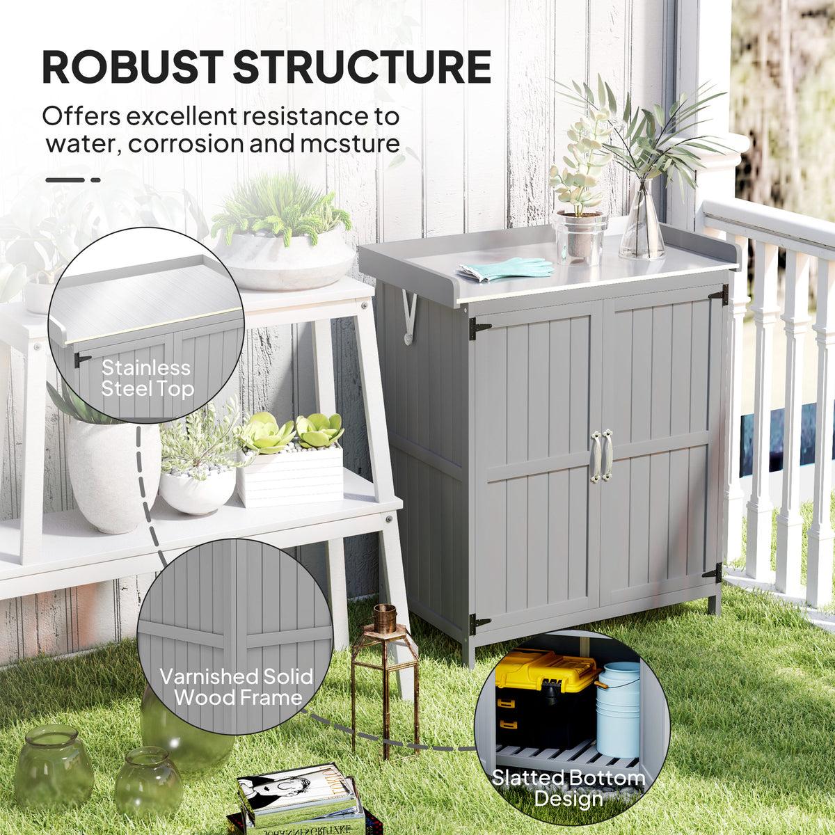 Wooden Garden Tool Storage Shed with Hinged Roof and Shelf - Grey