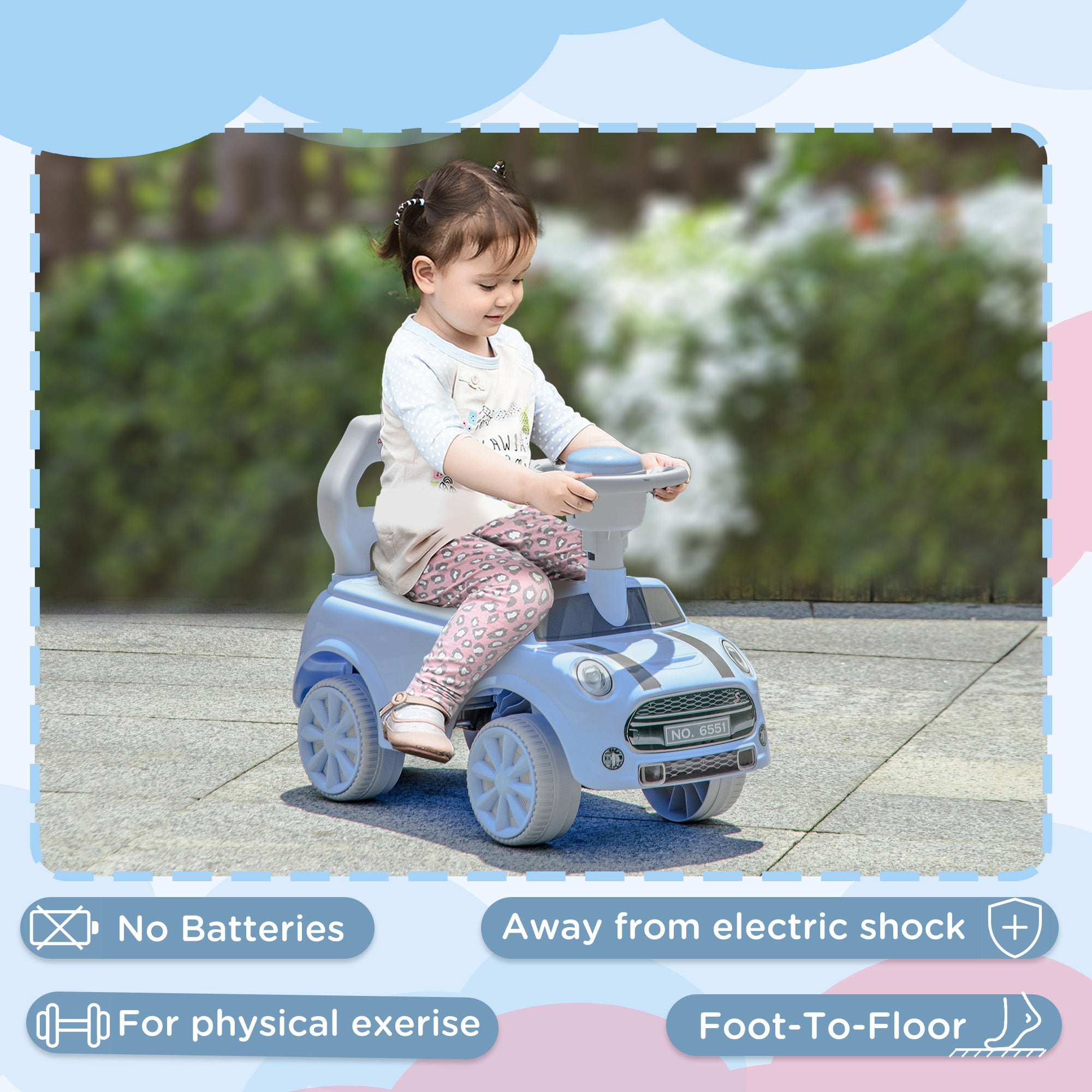 Foot To Floor Ride On Car Sliding Car w/ Air Horn, Anti-Over-Backwards, 18 to 36 Months - Light Blue