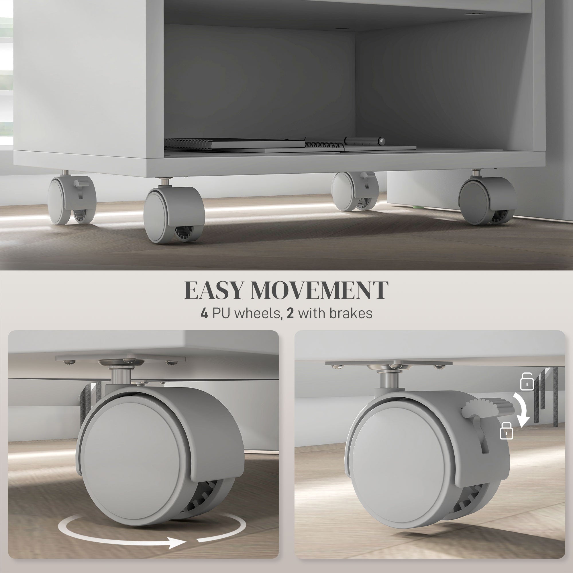 Three-Compartment Printer Cabinet, with Wheels - White