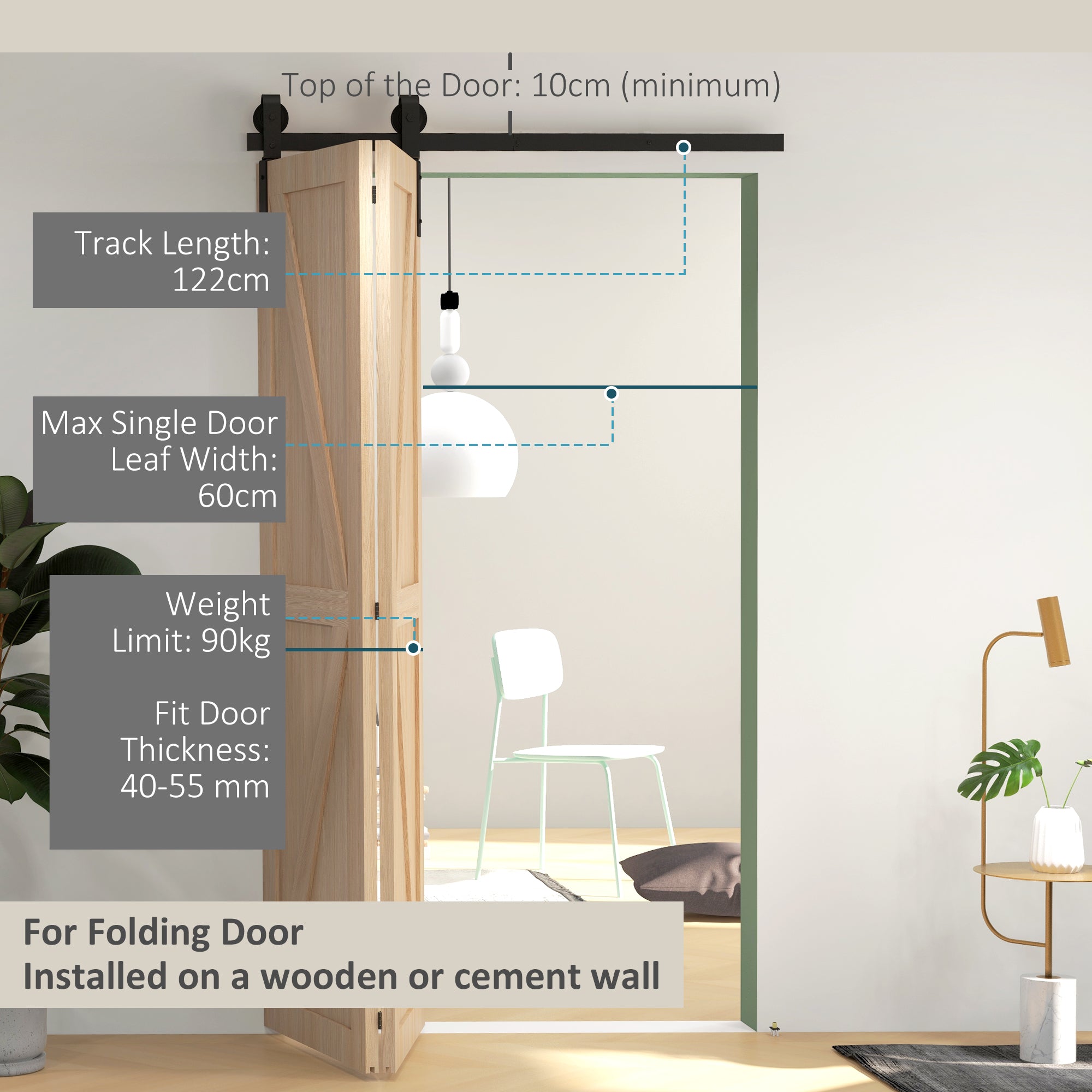 4FT/122CM Bi-Folding Sliding Barn Door Hardware Track Kit, Heavy Duty Sliding Door Kit for 2 Doors with J Shape Hanger