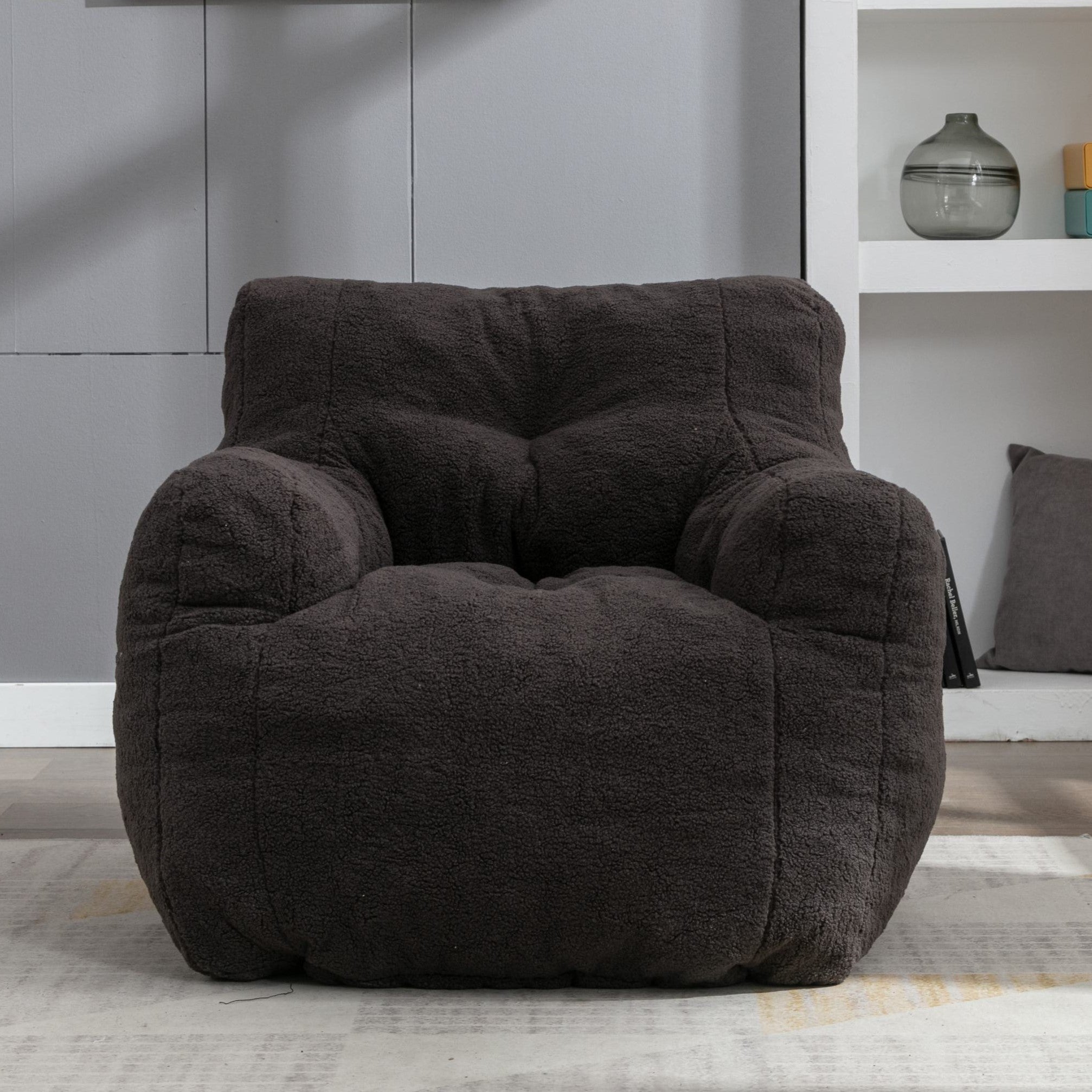 Soft Tufted Foam Bean Bag Armchair with Teddy Fabric, Recliner Sofa with Ergonomic Backrest, 100L x 94W x 70H cm, Dark Gray