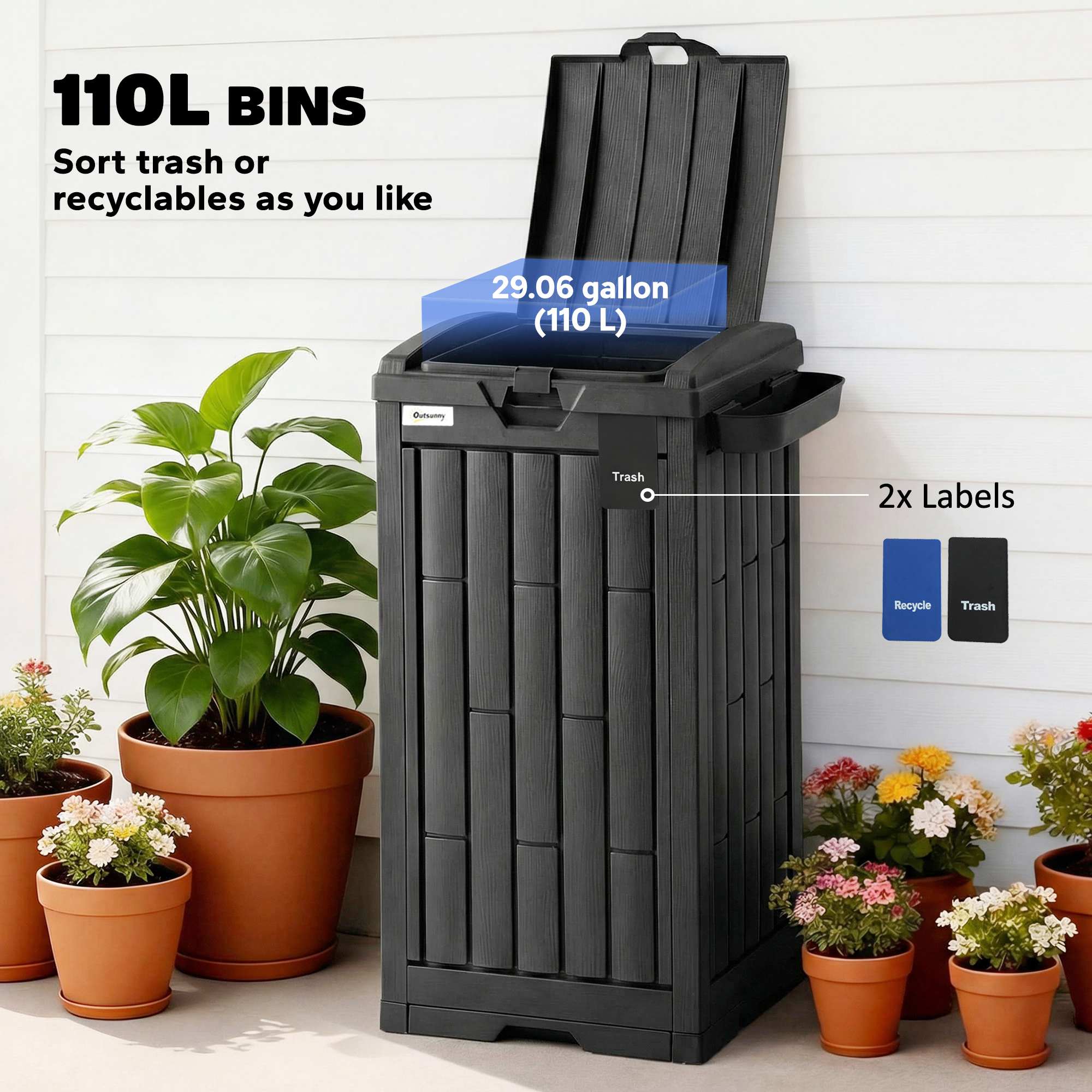 110 L Outdoor Bin with Dual Lid, Waterproof Plastic Trash Bin with Ashtray and Drip Tray, Garden Waste Trash Bin, Black