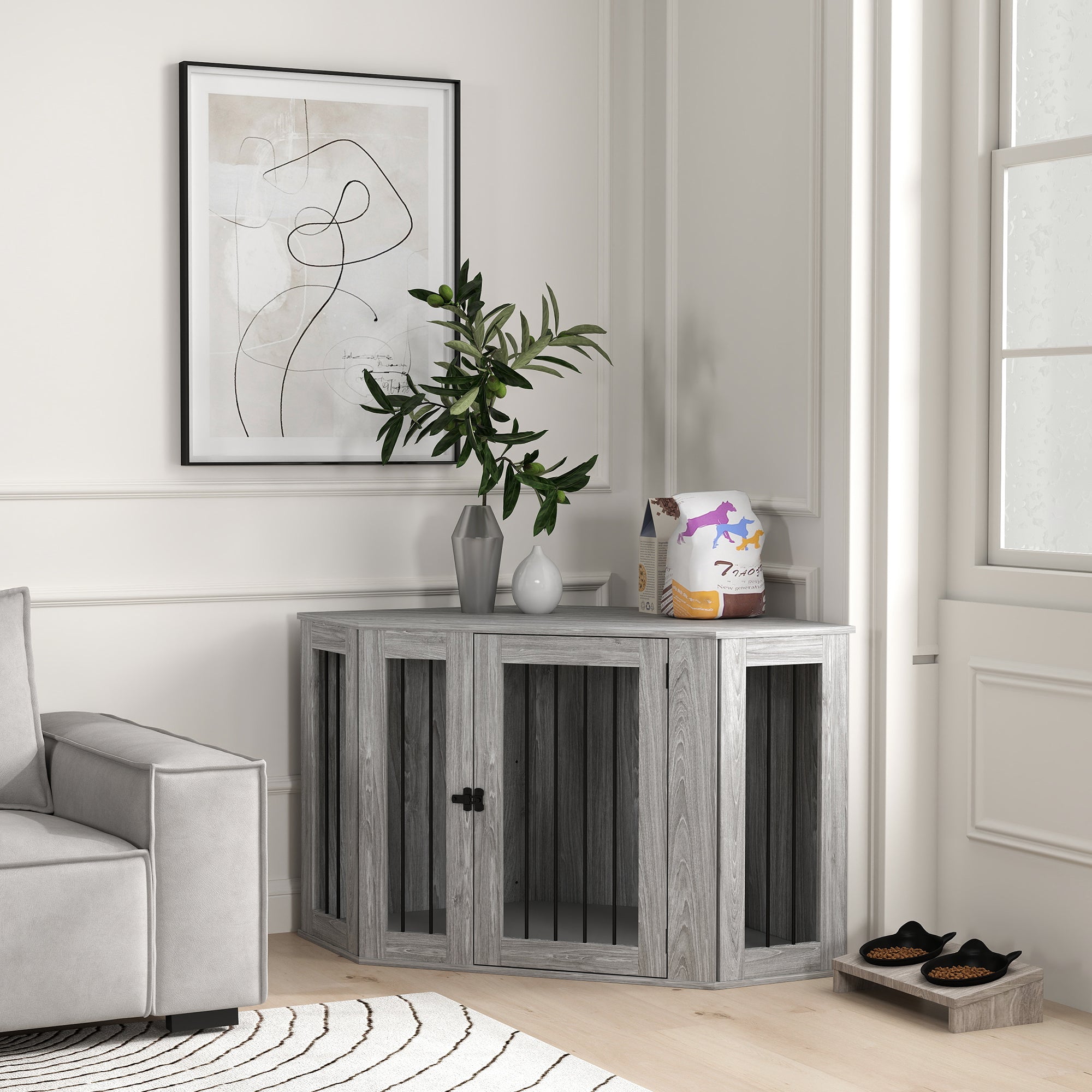 2 in 1 Medium Dog Crate Furniture Side Table with Cushion 122x61x71cm - Grey