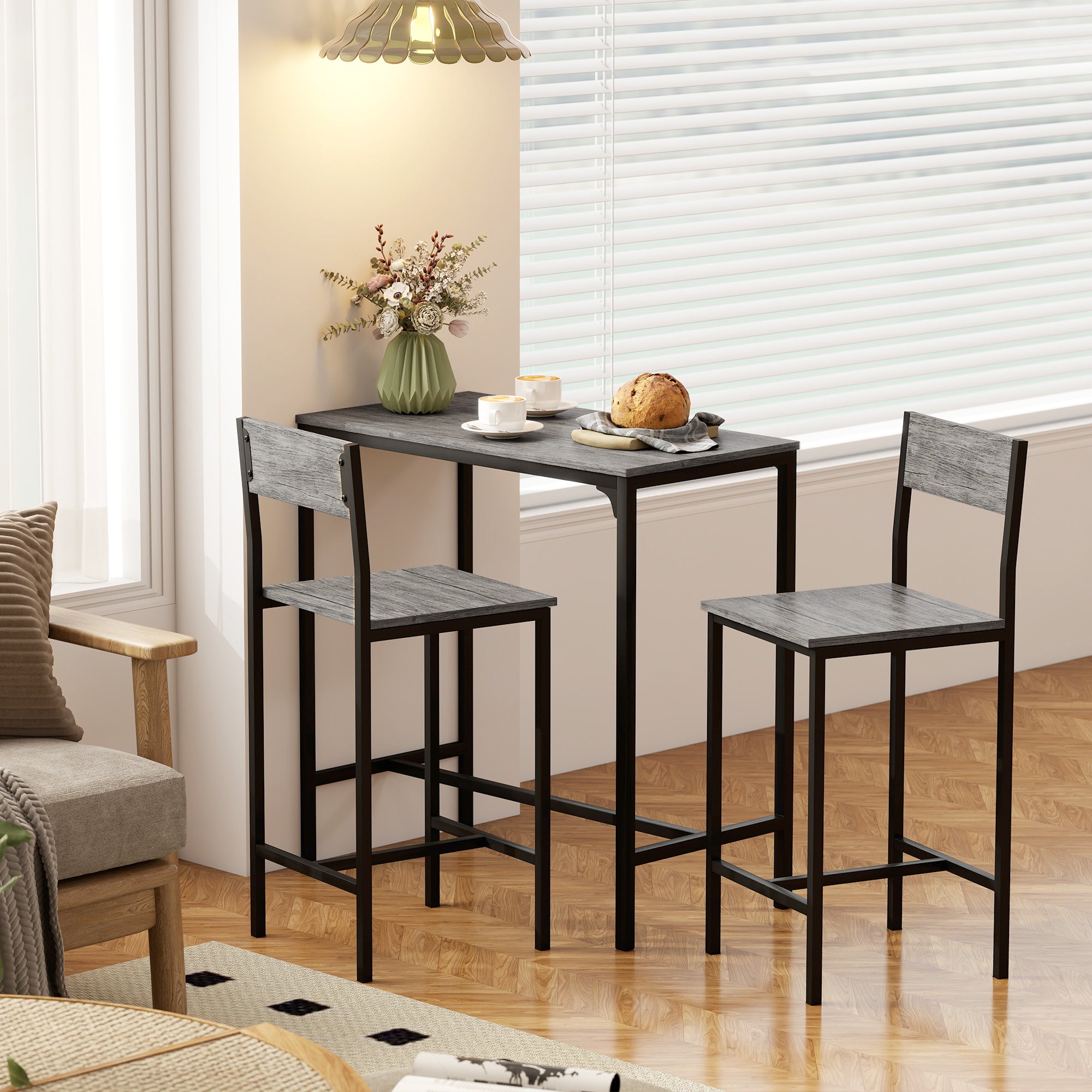 3-Piece Bar Table Set with 2 Stools, Industrial Breakfast Bar Set with Footrest, Backrest for Dining Room, Small Space