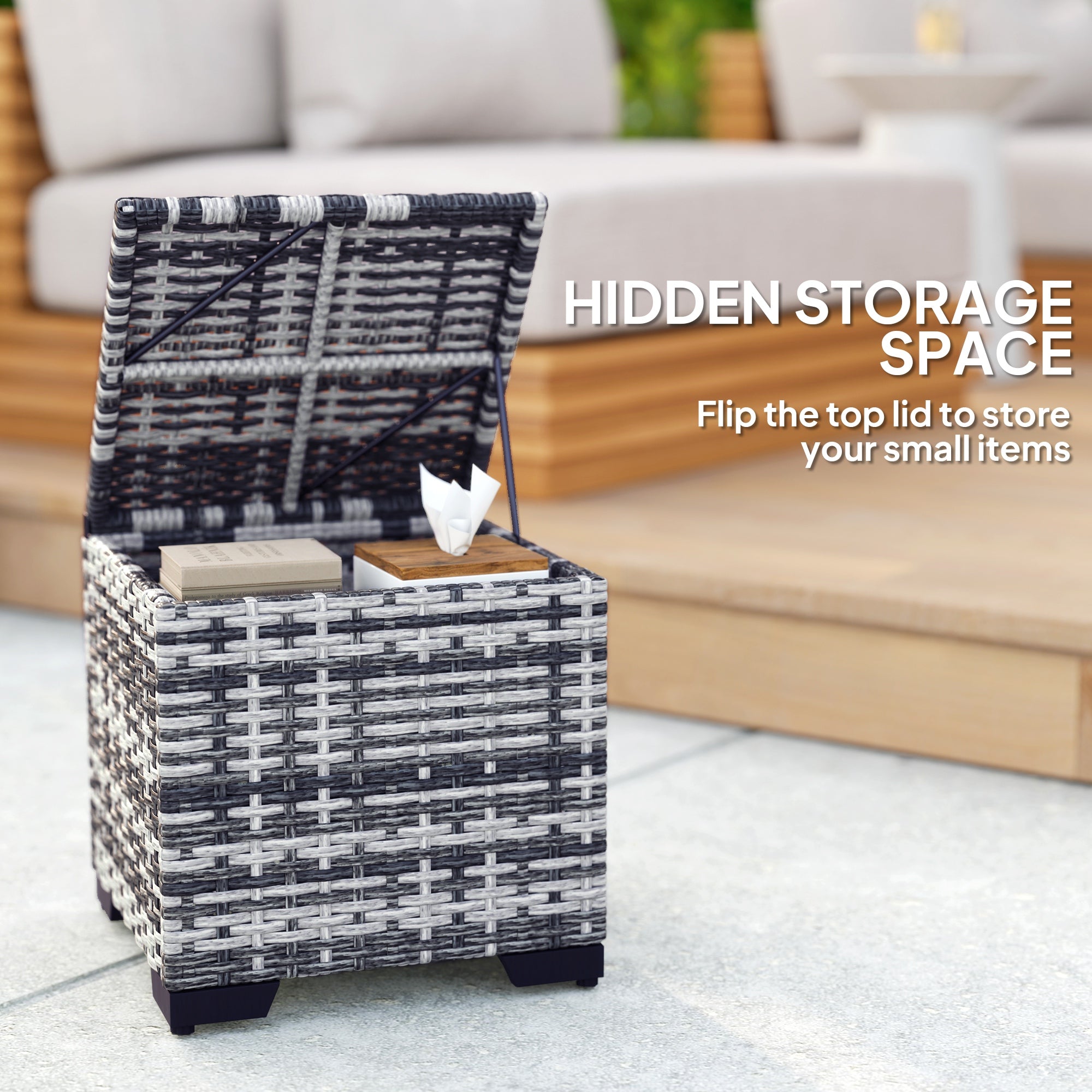 Set of 2 Rattan Storage Ottomans with Removable Cushions - Dark Grey