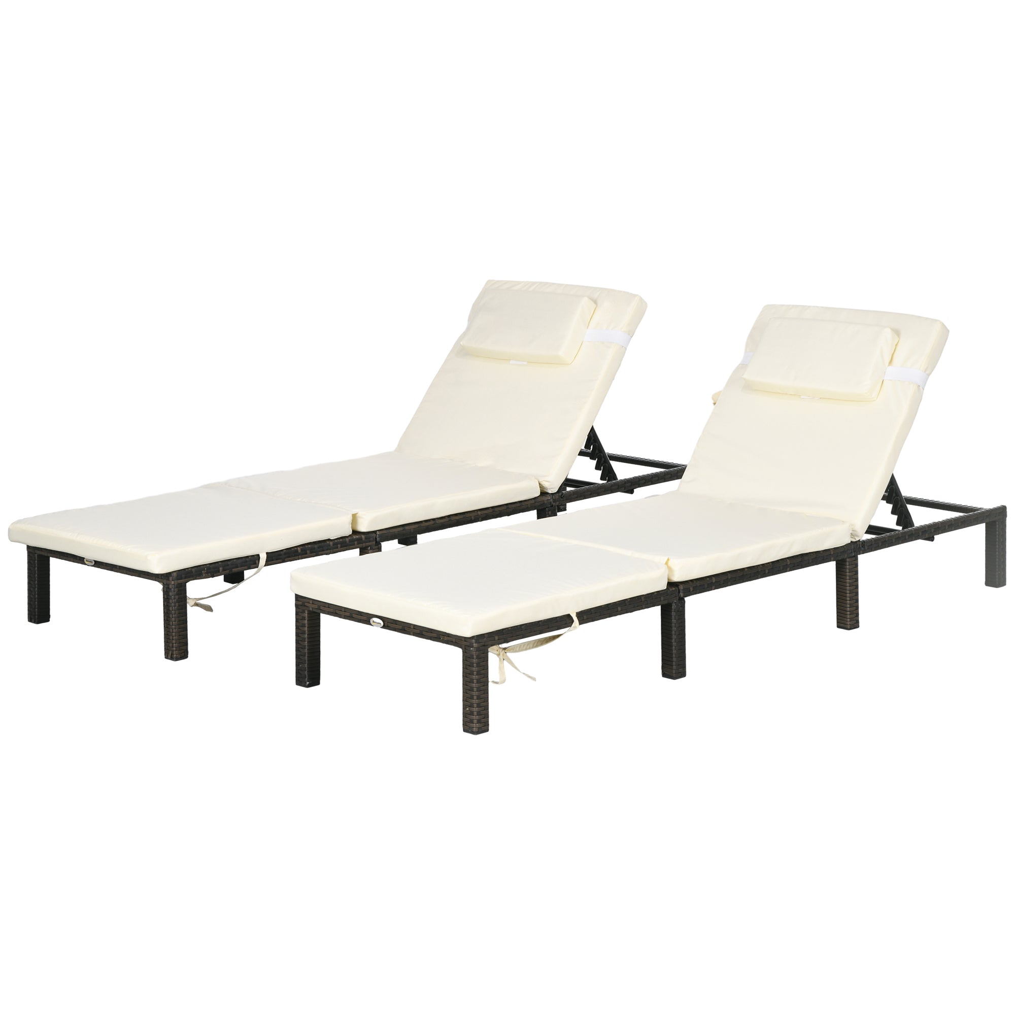 Set of Two Reclining Rattan Sun Loungers, with Cushions - Brown/Cream