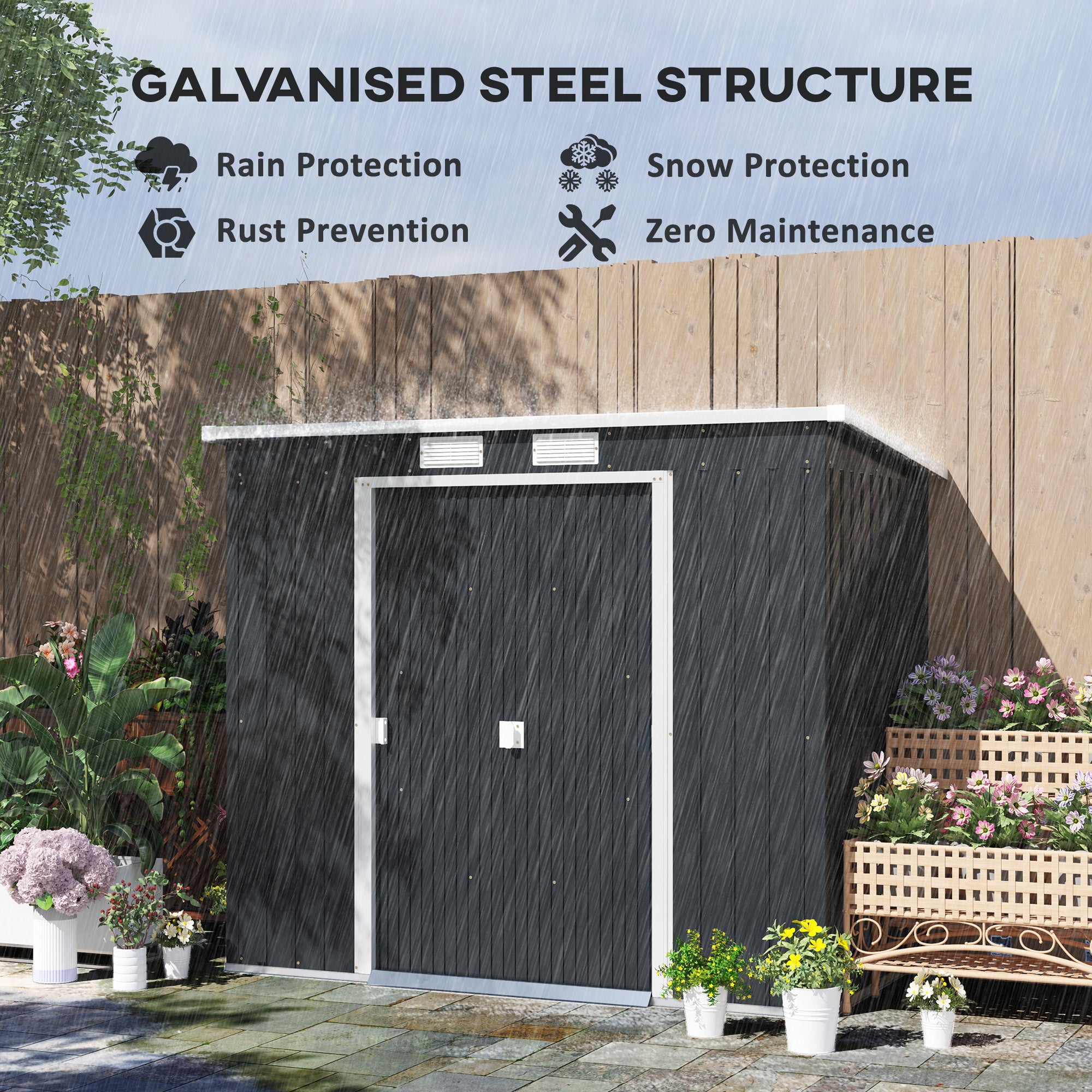 7 x 4ft Galvanised Steel Garden Shed with Foundation Kit - Dark Grey