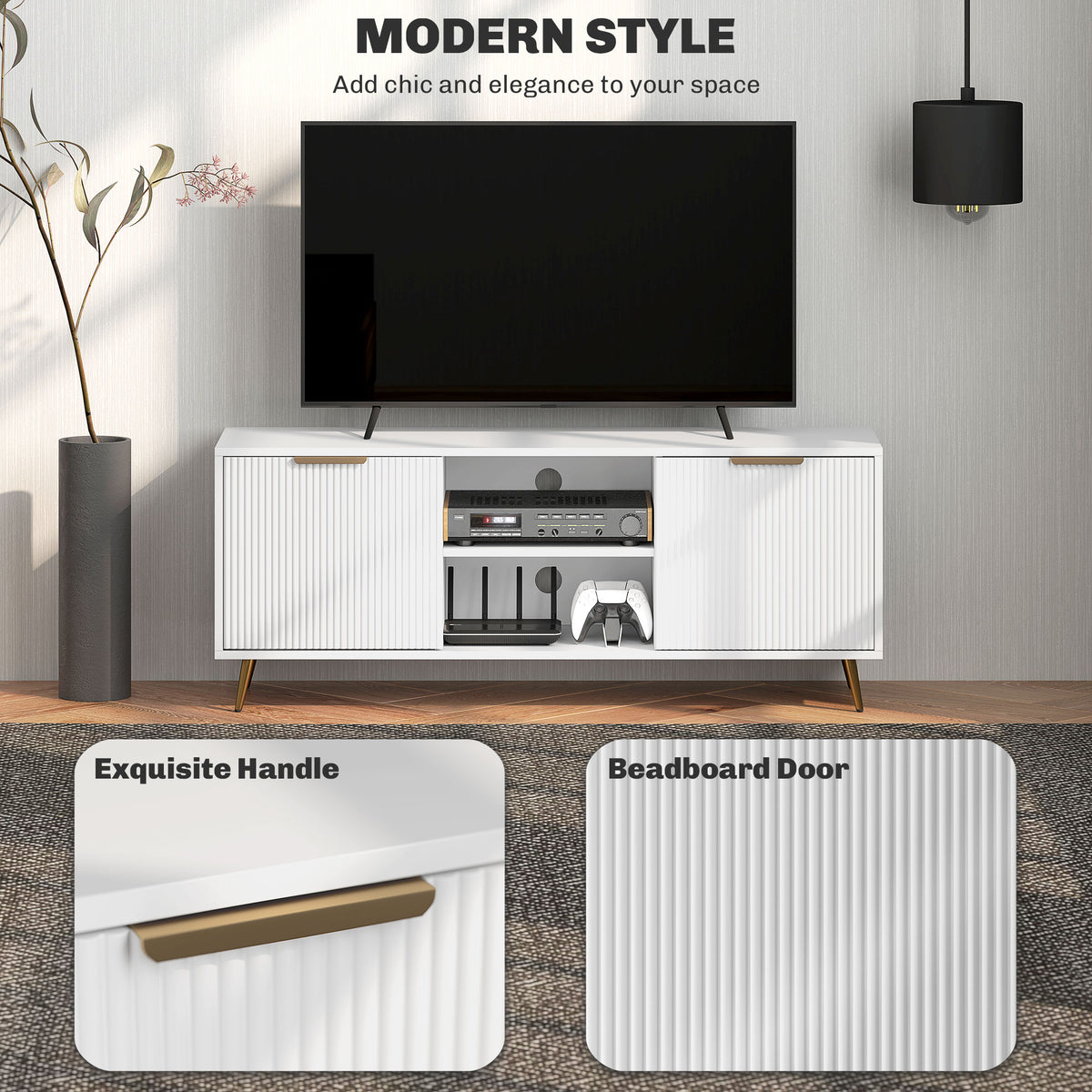 Modern TV Stand Cabinet for TVs up to 55" with 2 Open Shelves & 2 Cabinets, Cable Management - White