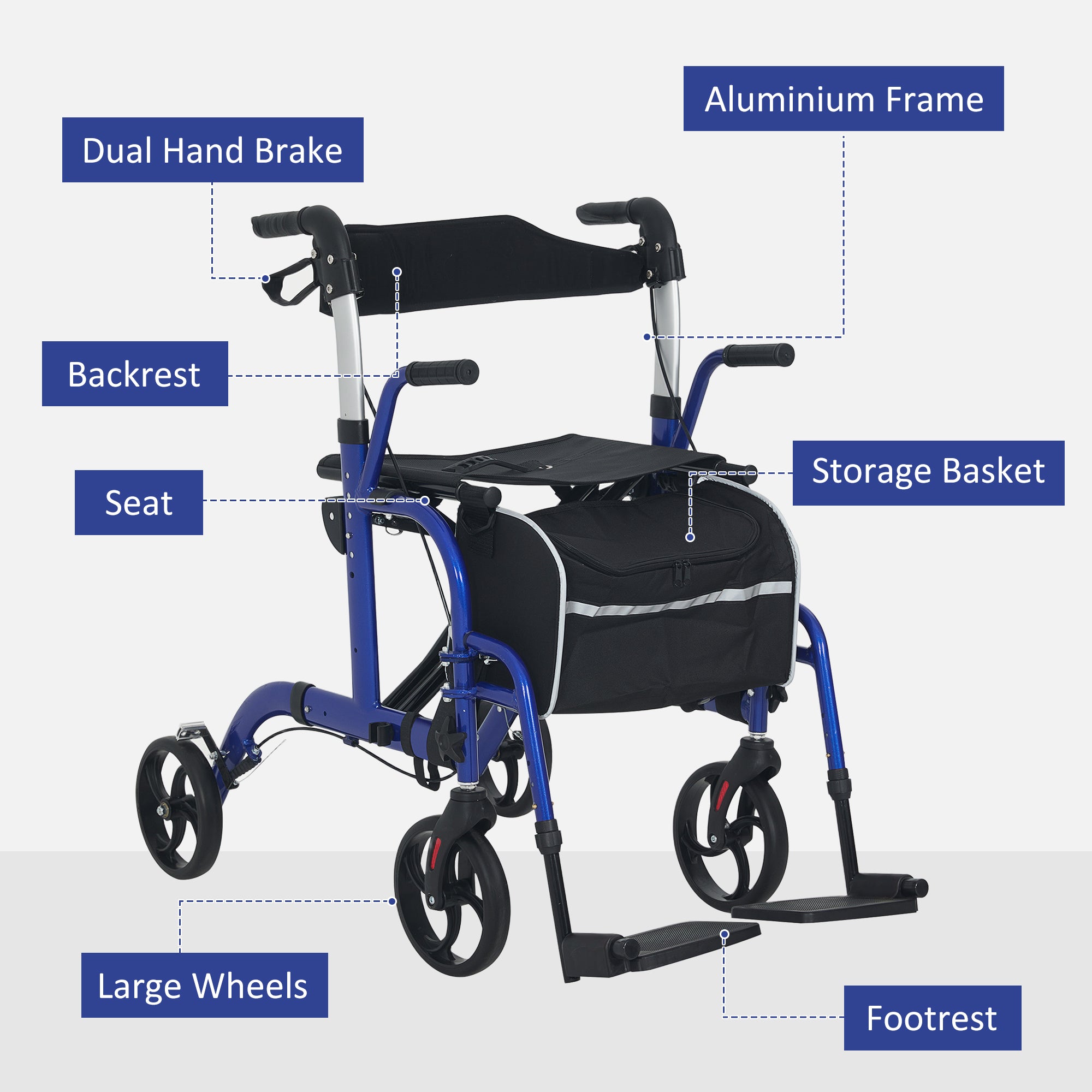 2 in 1 Folding Wheelchair Transport Chair & Rollator Walker with Seat, Backrest, Footrest, Adjustable Height, 4 Wheels for Seniors - Pearl Blue