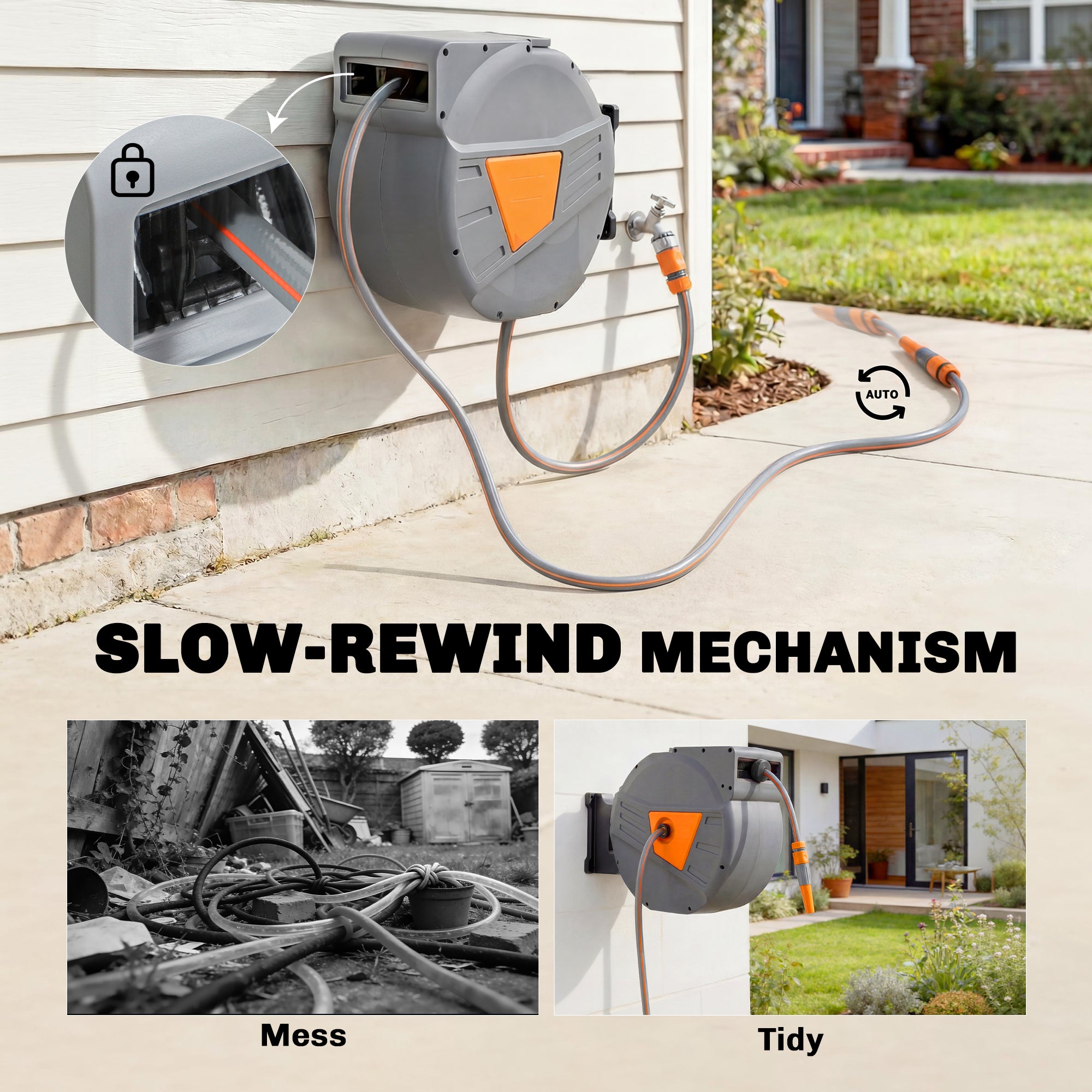 Retractable Hose Reel Wall Mounted, 40+2m Garden Hose Pipe Reel with Auto Retraction, Self-Locking, Orange