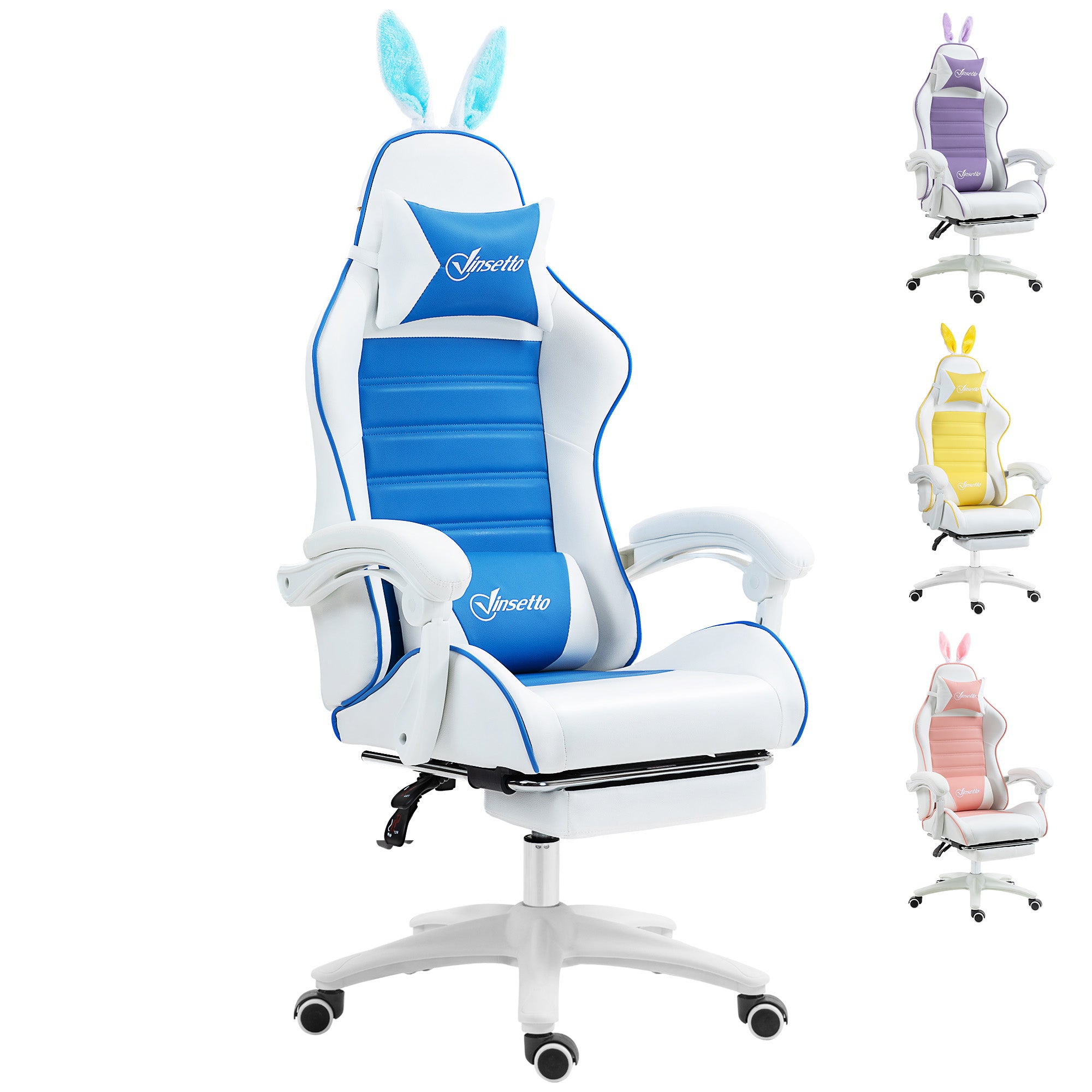 Racing Gaming Chair, Reclining PU Leather Computer Chair with Removable Rabbit Ears, Footrest and Lumber Support, Blue