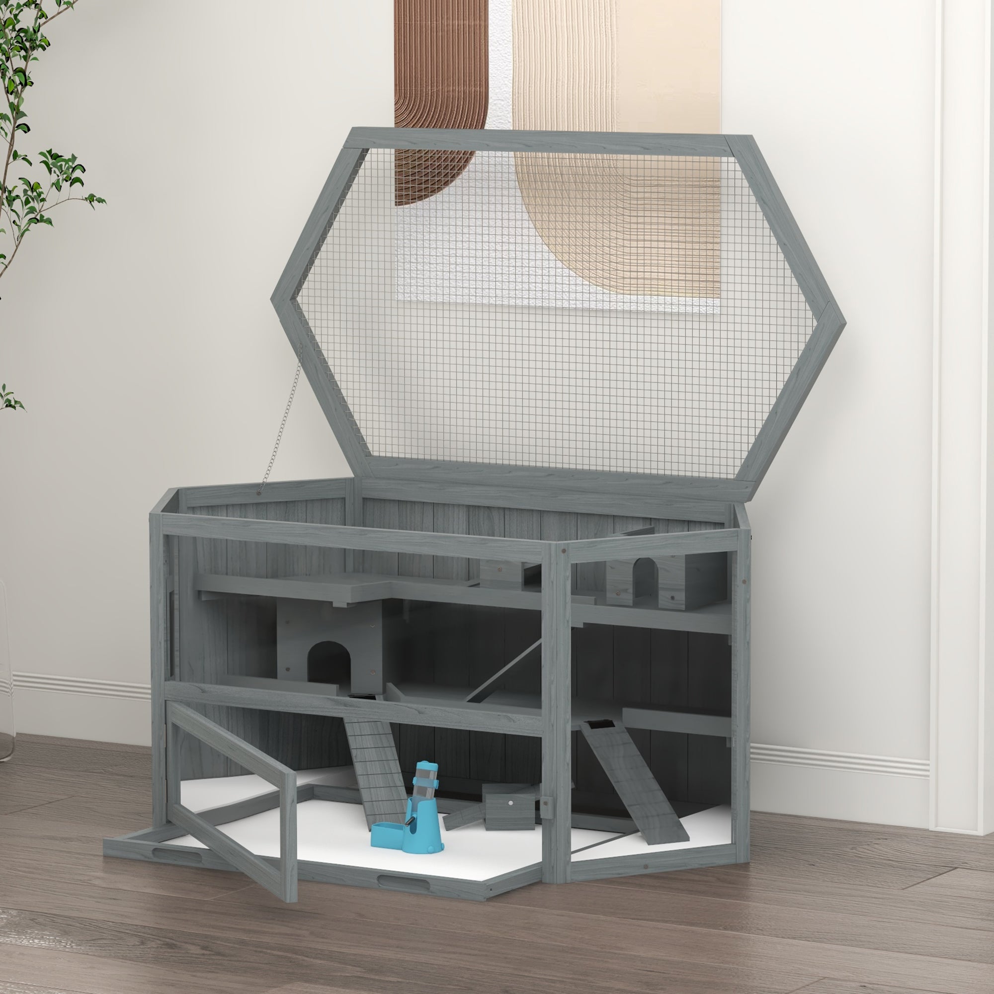 3 Tier Wooden Large Hamster Cage with Sliding Tray, Seesaws, Water Bottle, Grey
