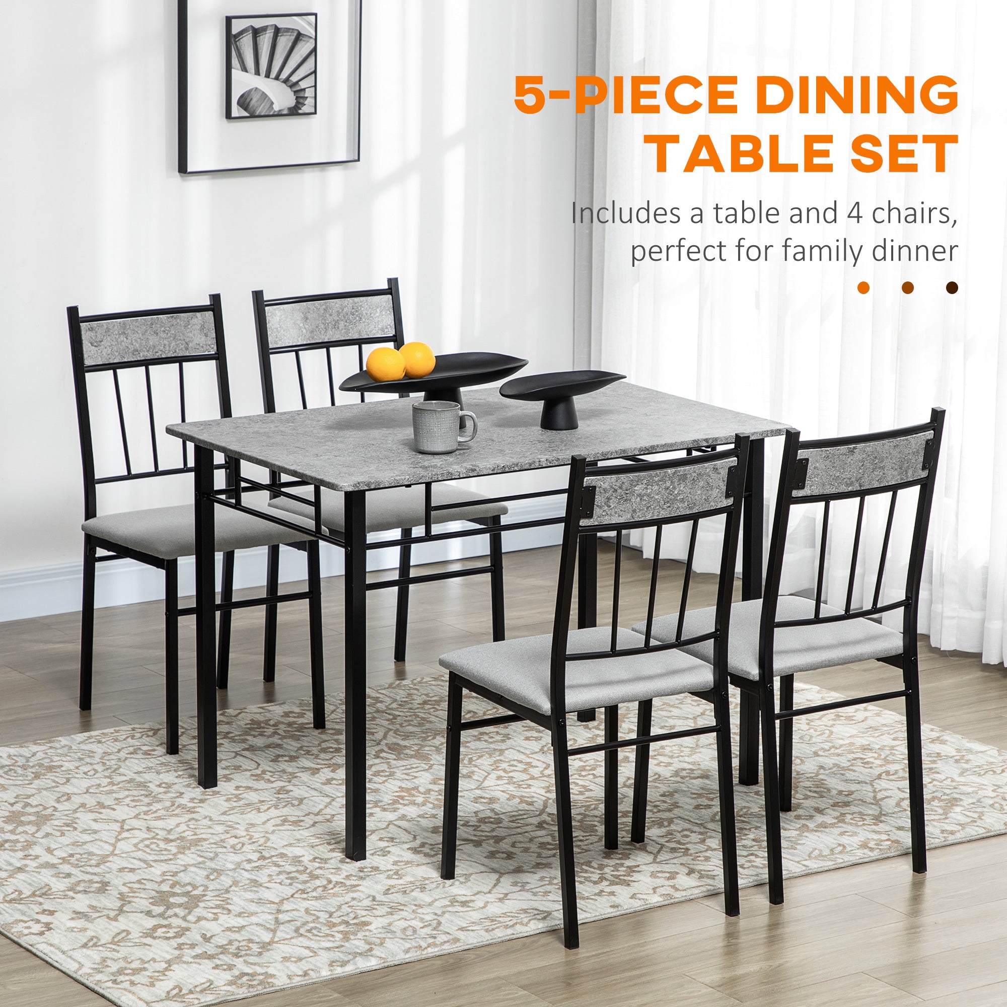 Five-Piece Marble Effect Dining Table Set - Grey/Black