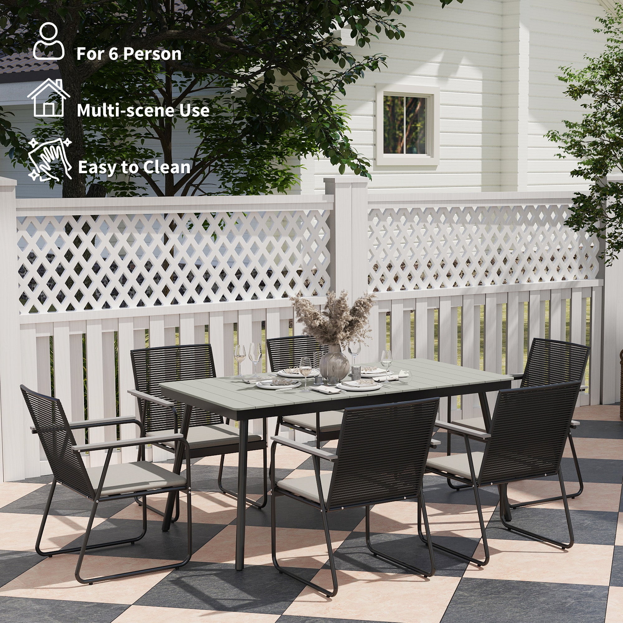 6 Seater Garden Dining Set with Weatherproof Table and Soft Cushions - Grey