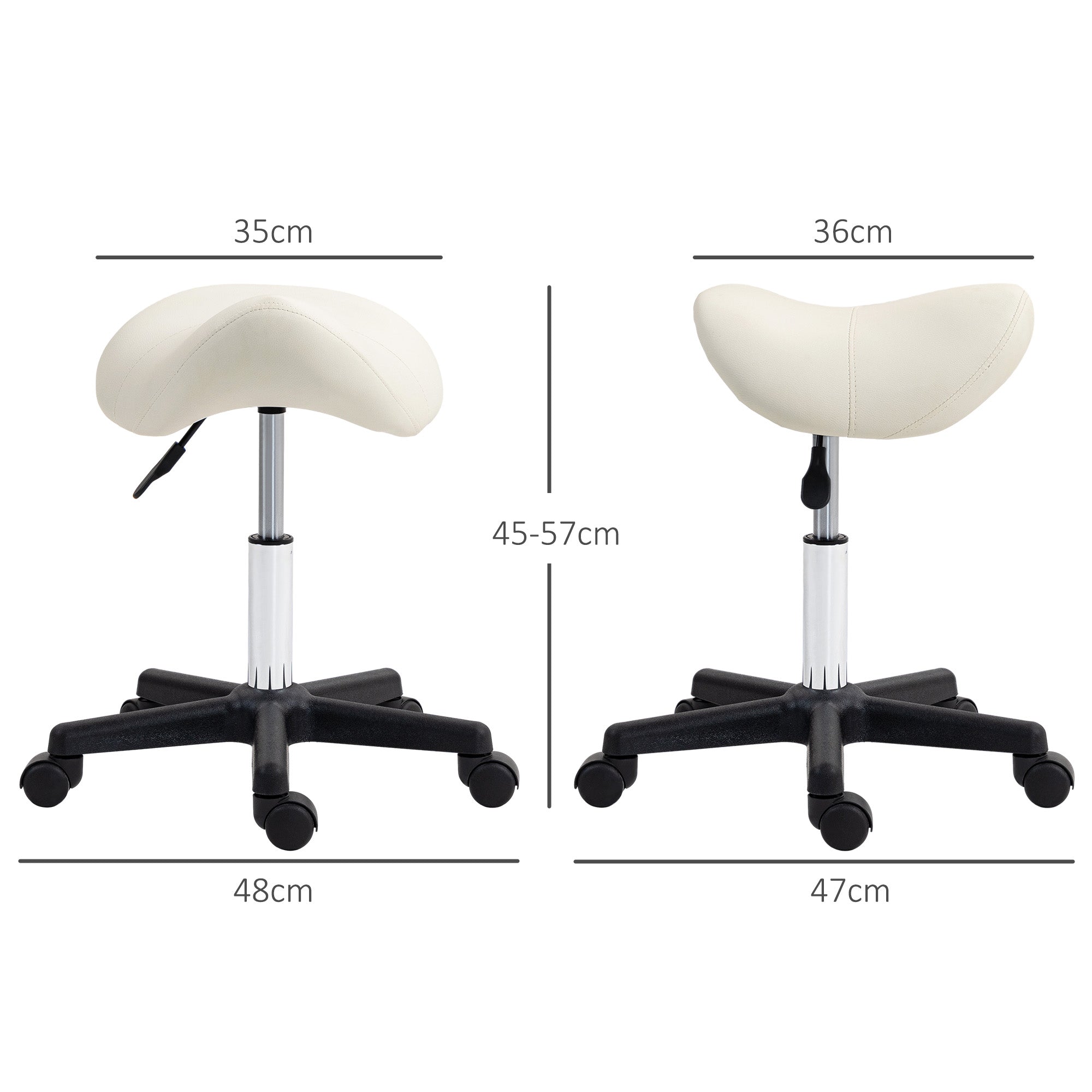 Saddle Stool, PU Leather Adjustable Rolling Salon Chair with Steel Frame for Massage, Spa, Beauty and Tattoo, White