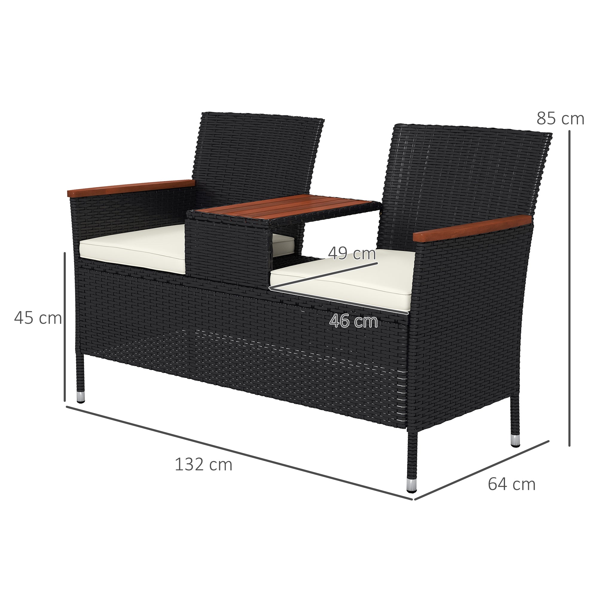 Two-Seat Rattan Loveseat, with Wood-Top Middle Table - Black