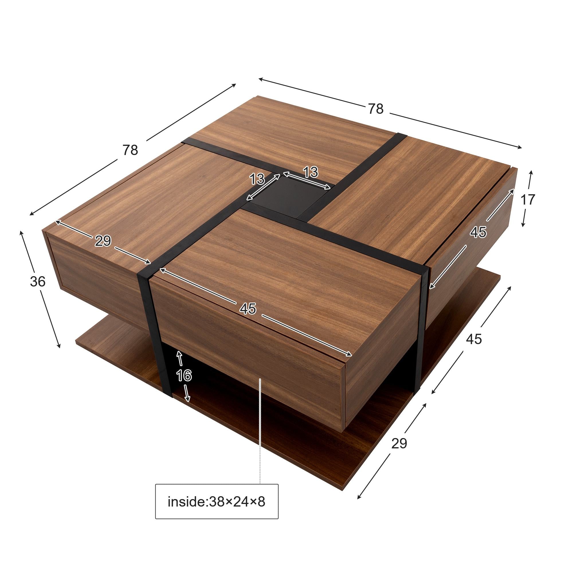 Square Coffee Table with 4 Drawers, Unique Pattern, Bottom Storage, 78L x 78W x 36H cm, Natural