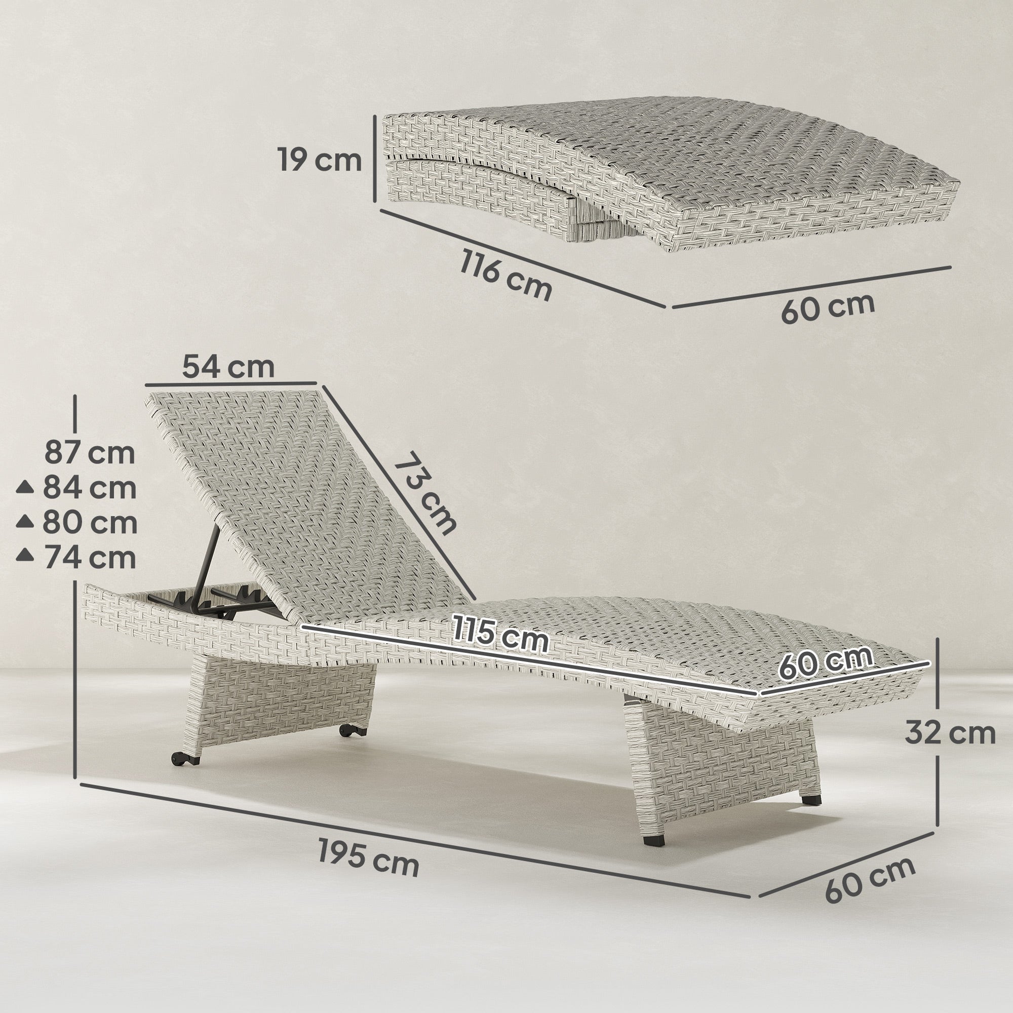 Outdoor PE Rattan Sun Lounger with Adjustable Backrest and Wheels Grey