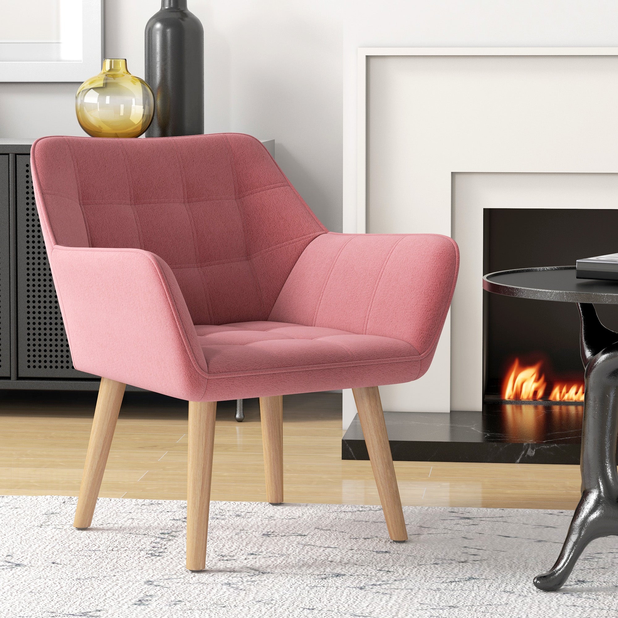 Accent Chair, Arm Chair with Wide Arms, Slanted Back, Thick Padding and Rubber Wooden Legs for Living Room, Pink