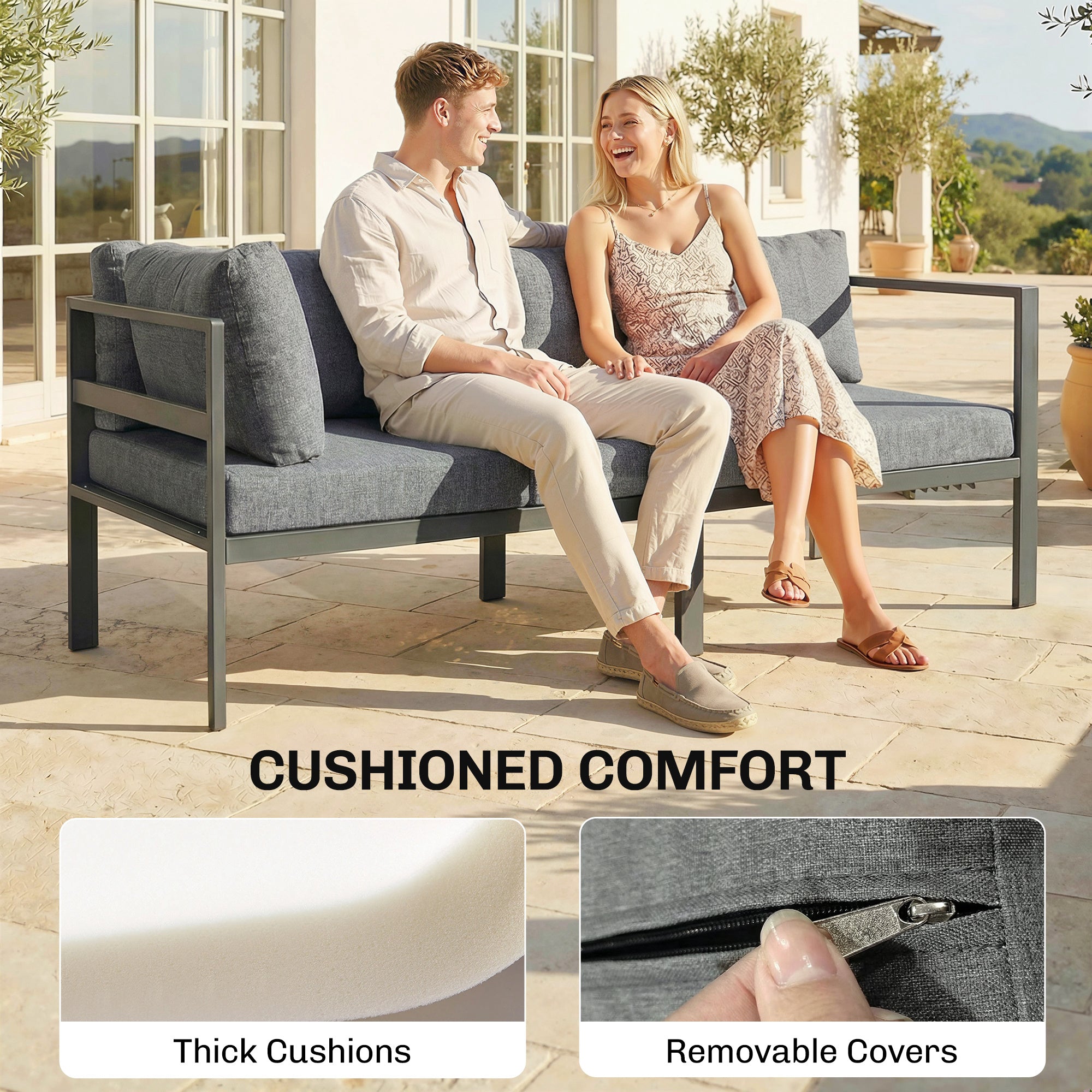 3 Pieces Garden Furniture Set, Aluminium Corner Lounge Set with Adjustable Backrest and Coffee Table