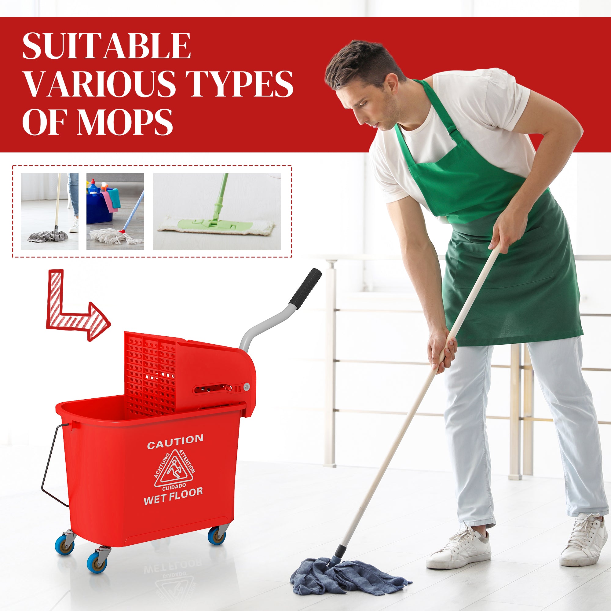 20L Mop Bucket with Water Separation Panel and Wheels - Red