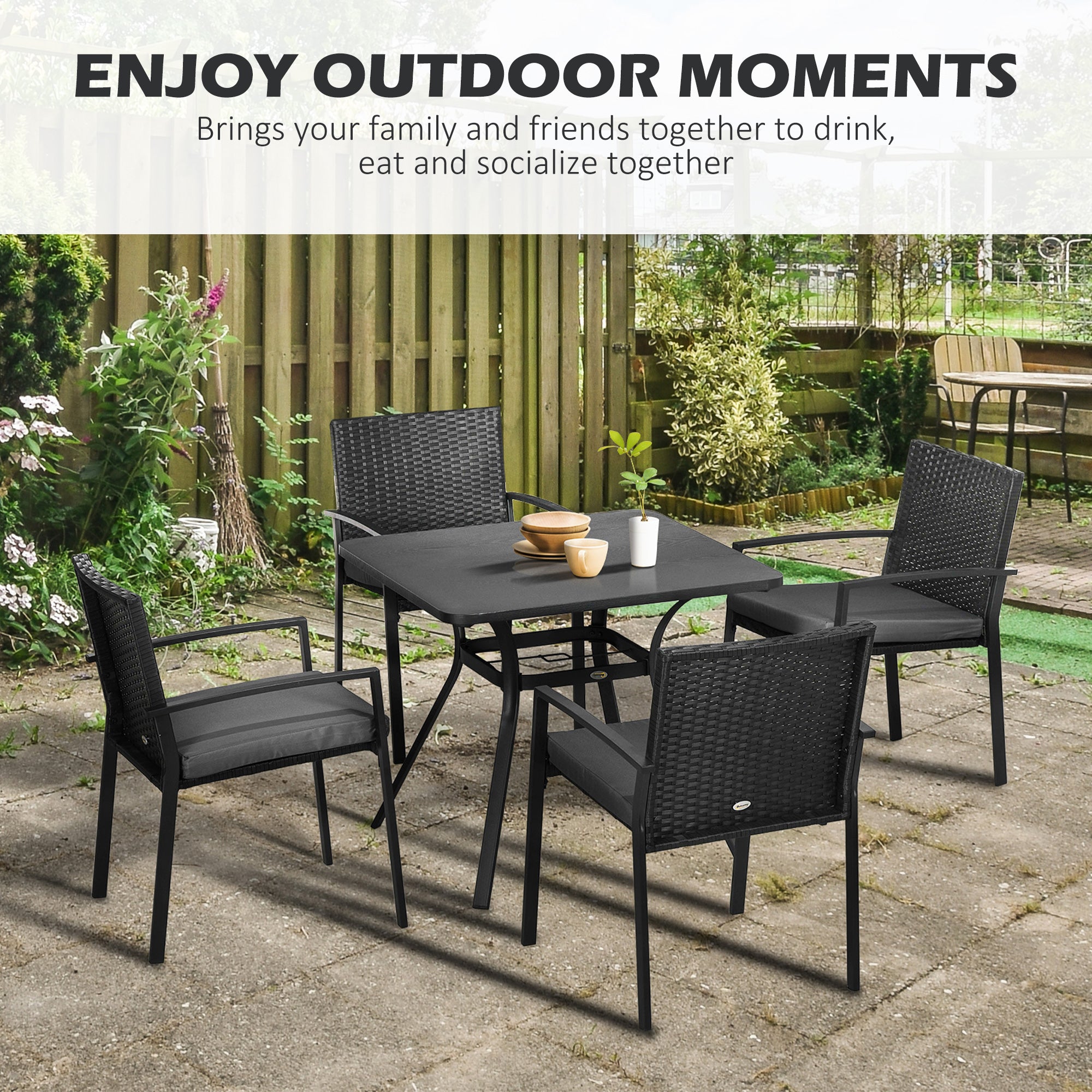 Five-Piece Garden Dining Set, with Rattan Seat Chairs and Cushions - Black