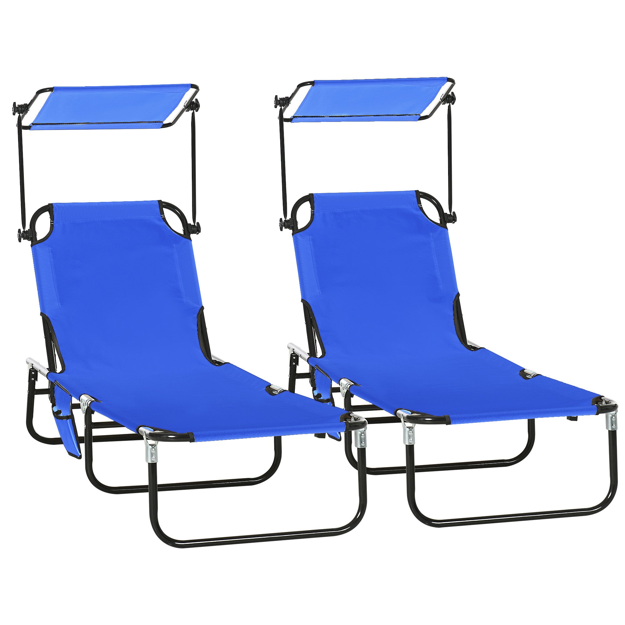 Set of Two Folding Sun Loungers, with Adjustable Backs and Sun Canopies - Blue