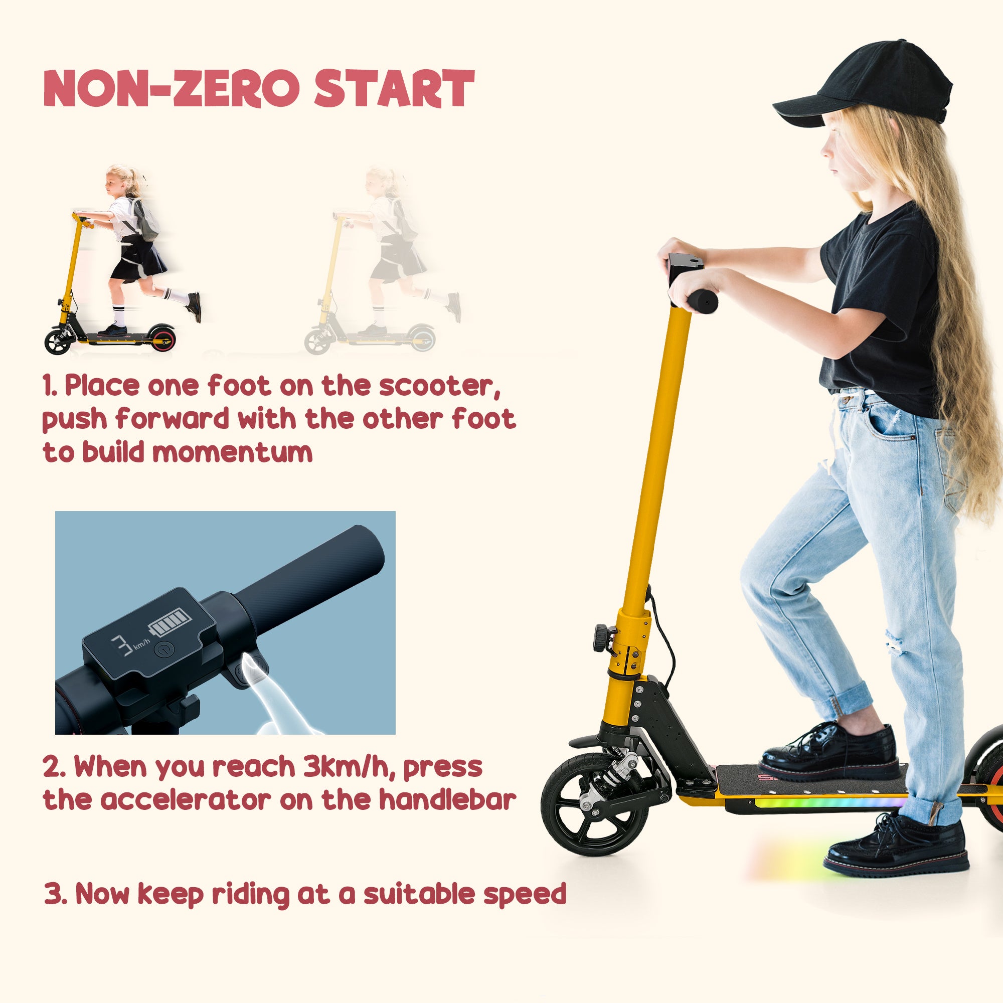 Folding Electric Scooter for Kids 6-14 with Dual Brakes, Front Suspension, LED Lights & Display - Gold Tone