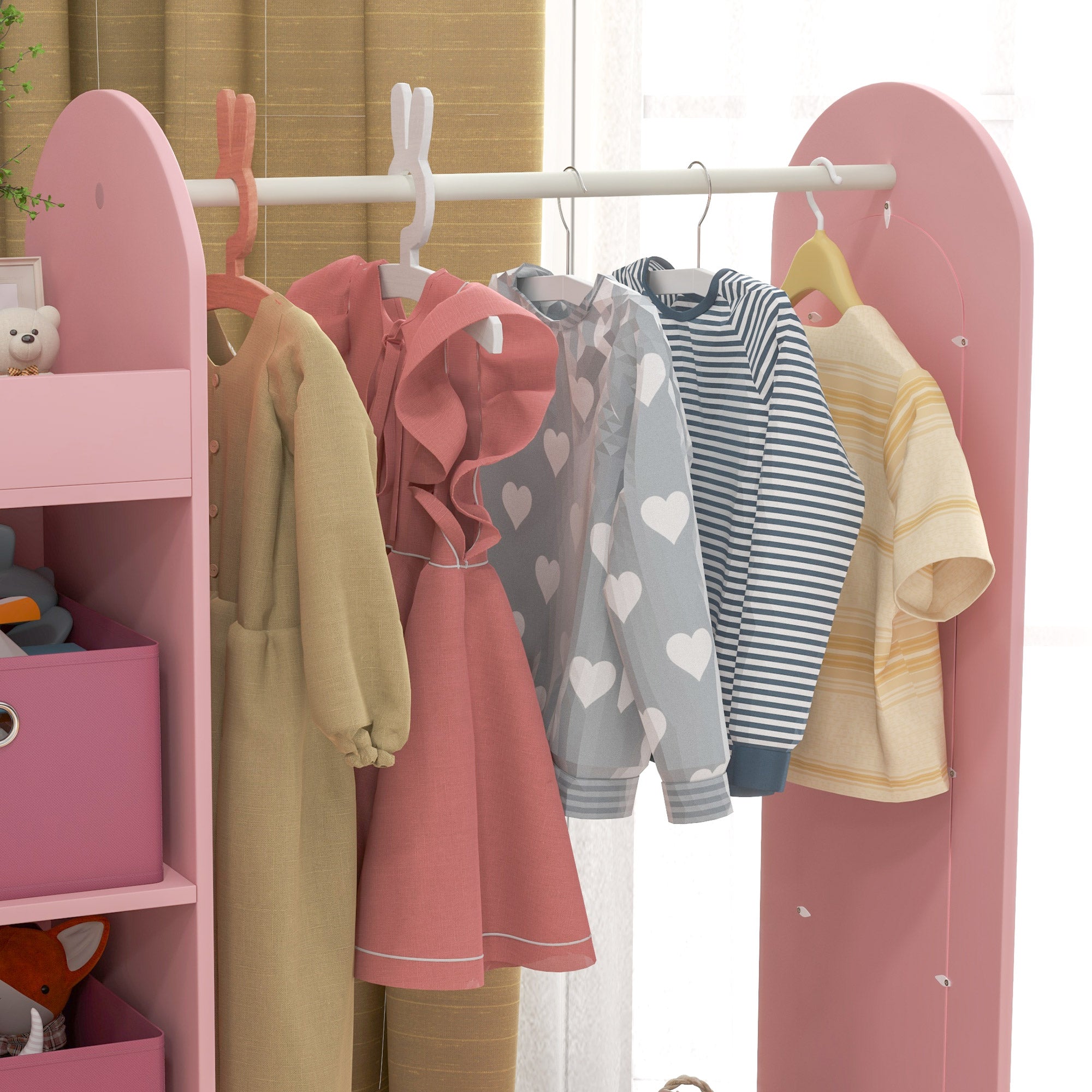 Kids Clothes Rail with Storage Shelf, Boxes, Mirror for Bedroom, Nursery, Pink