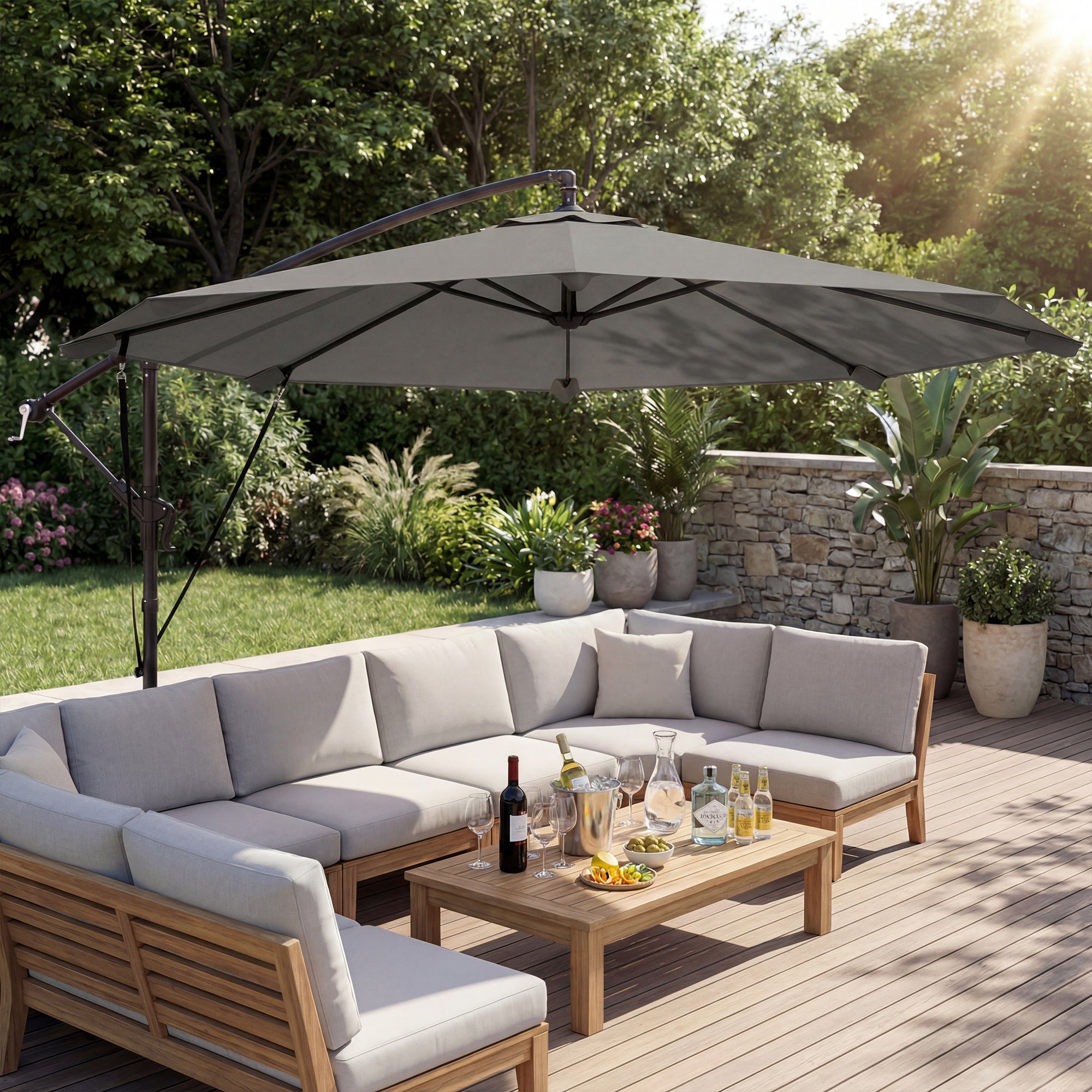 3 m Cantilever Parasol with Protective Cover and Wind Ropes, Banana Parasol with Crank Handle, Light Grey