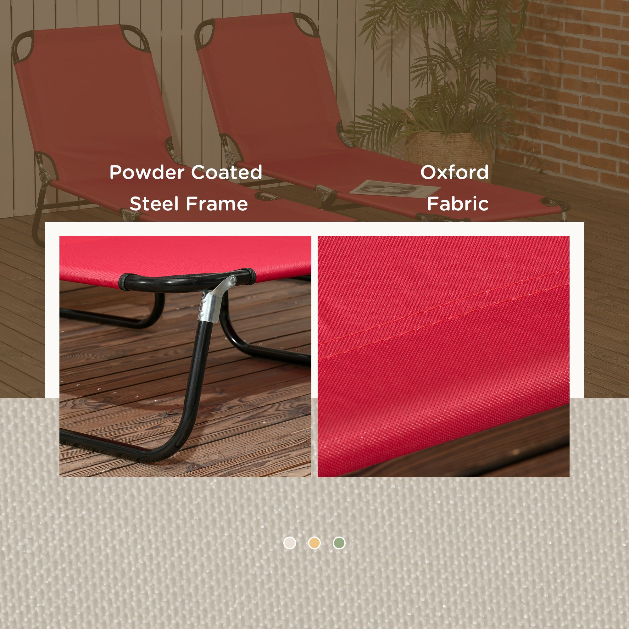 Set of 2 Folding Outdoor Sun Loungers with 5-Position Adjustable Backrest - Wine Red