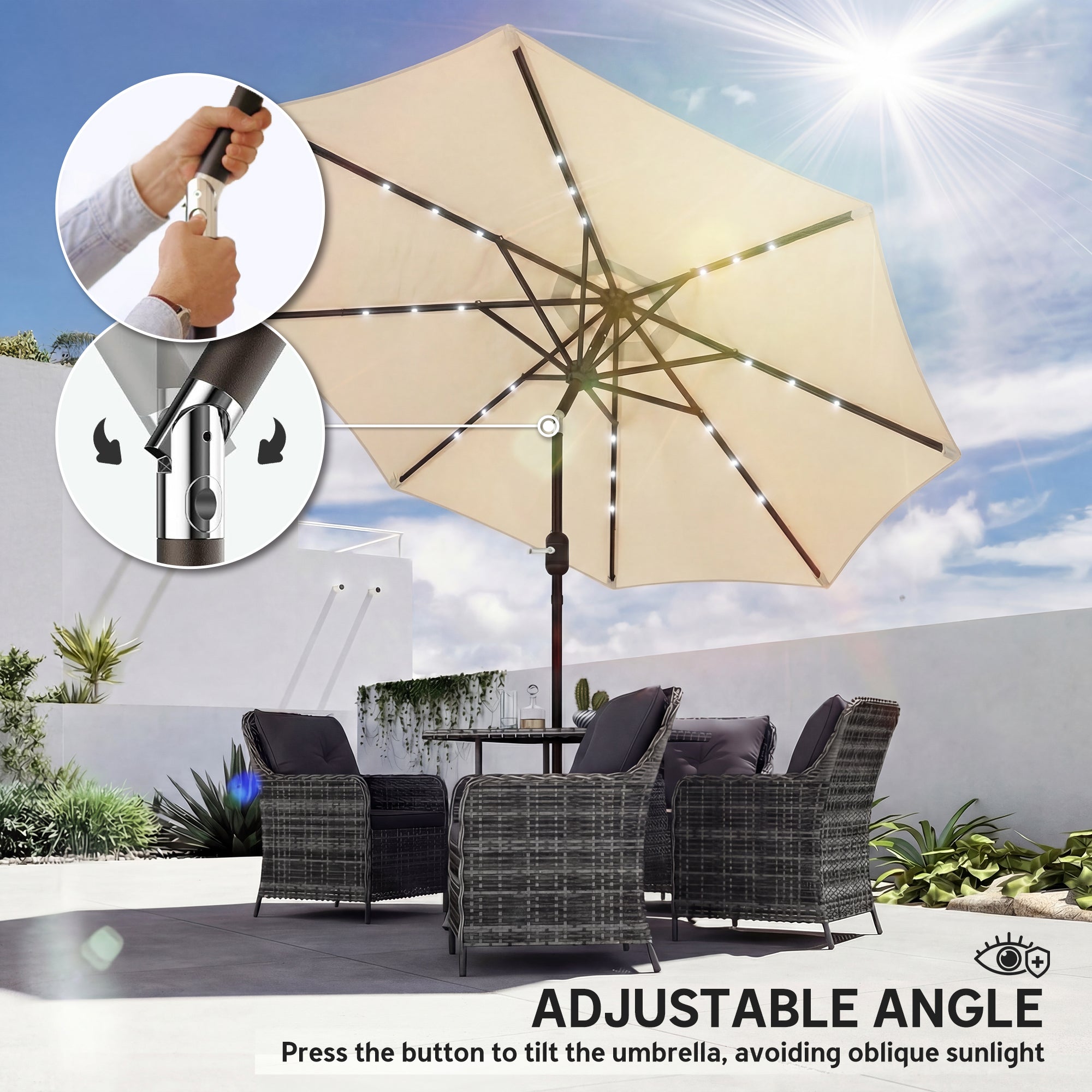 2.6 m Garden Parasol Umbrella with LED Solar Light, Parasol Cover, Outdoor Market Patio Umbrella, Beige
