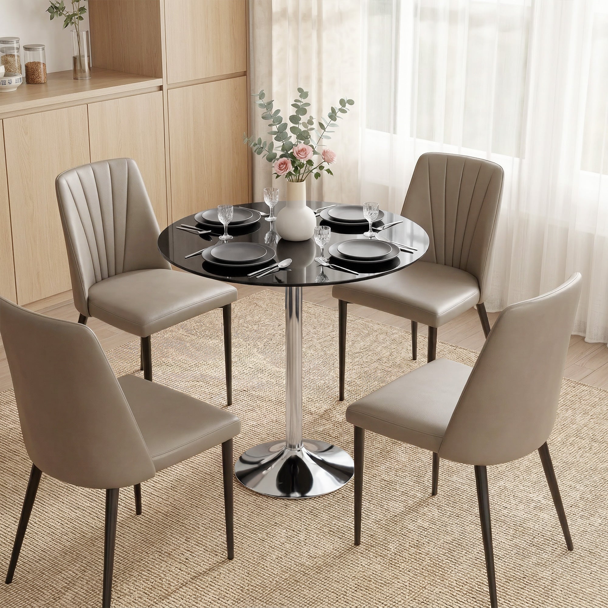 Round Bar Table, Modern Dining Table with Tempered Glass Top and Steel Frame for 4, 70 x 70 x 75.5cm, Black