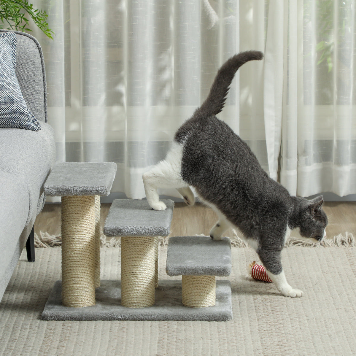 3-Step Pet Stairs Ladder with Scratching Posts for Cats and Dogs - Grey