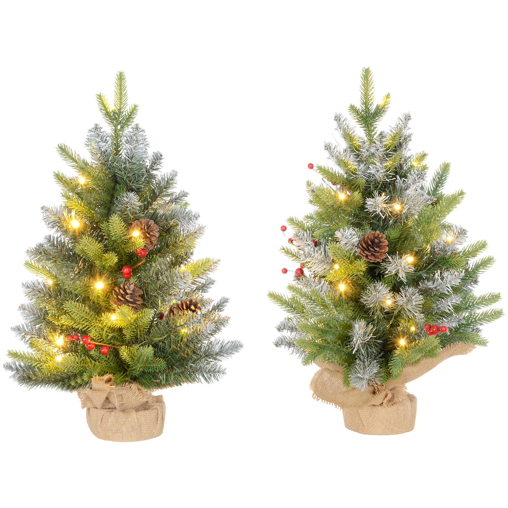 Set of Two 2ft Christmas Trees, with Lights, Berries and Pinecones