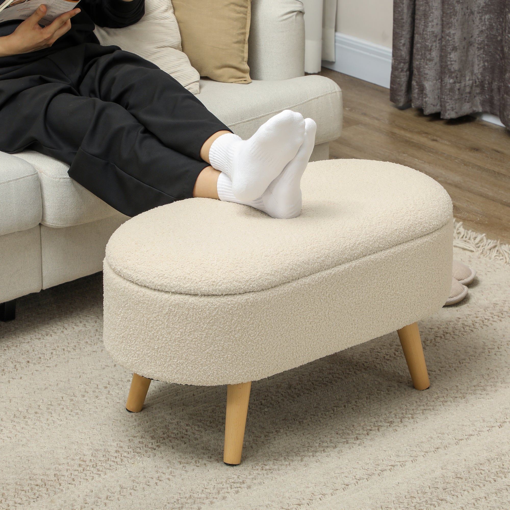 Teddy Fleece Storage Ottoman - Cream White