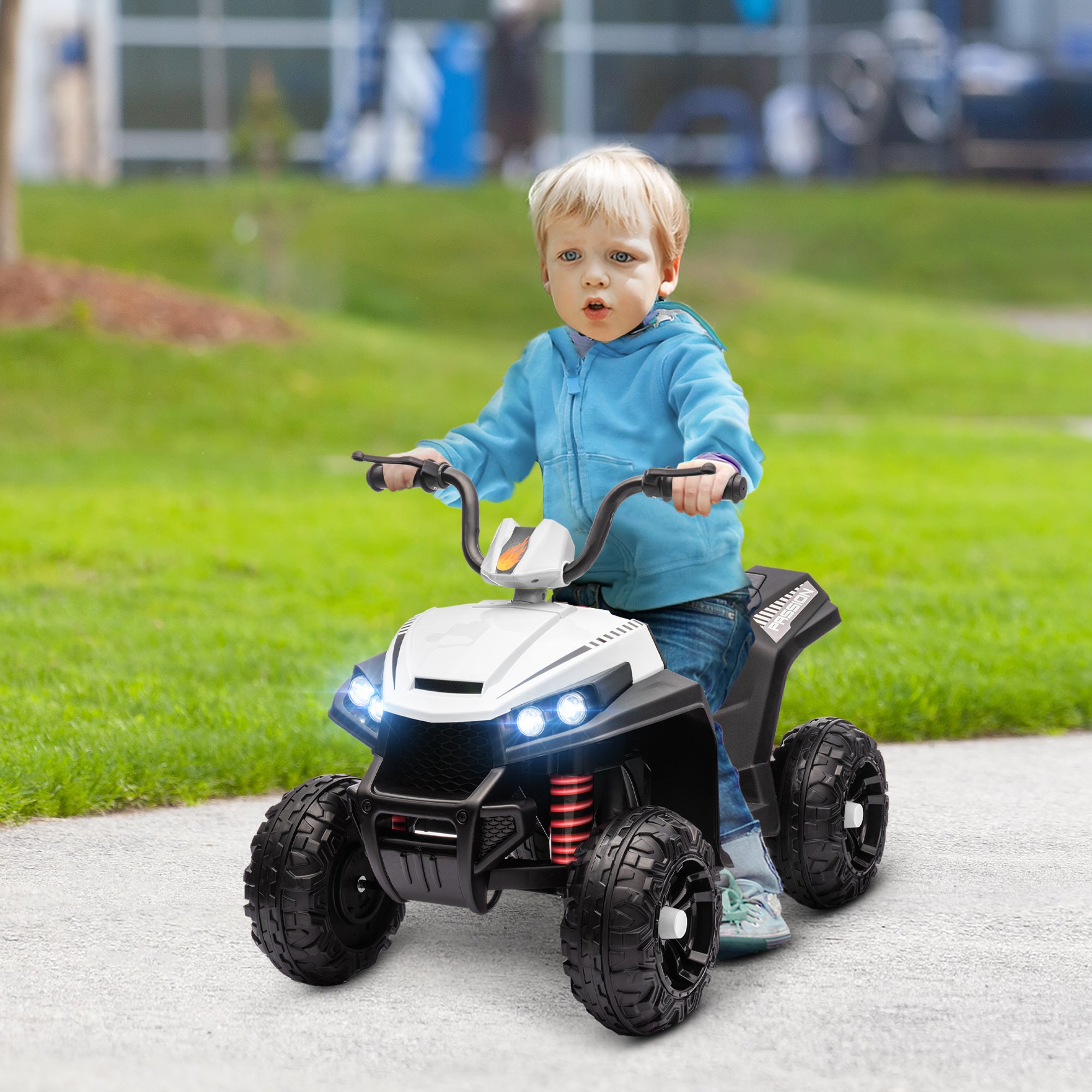 12V Kids Electric Quad Bike w/ Spring Suspension System, Forward, Backward, LED Light, Music, MP3, White