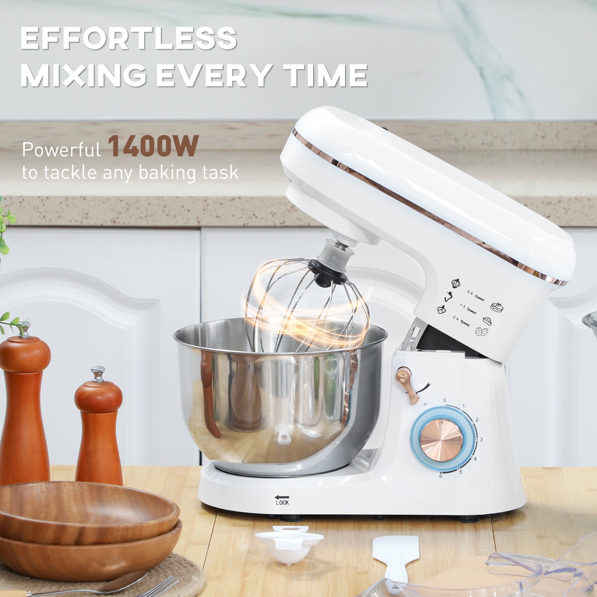 Stand Mixer, 5L Food Mixer for Baking, 6 Speeds and Pulse Setting, 1400W Cake Electric Kitchen Mixer with Dough Hook, Whisk, Stainless Steel Bowl, Splash Guard, Beater, White