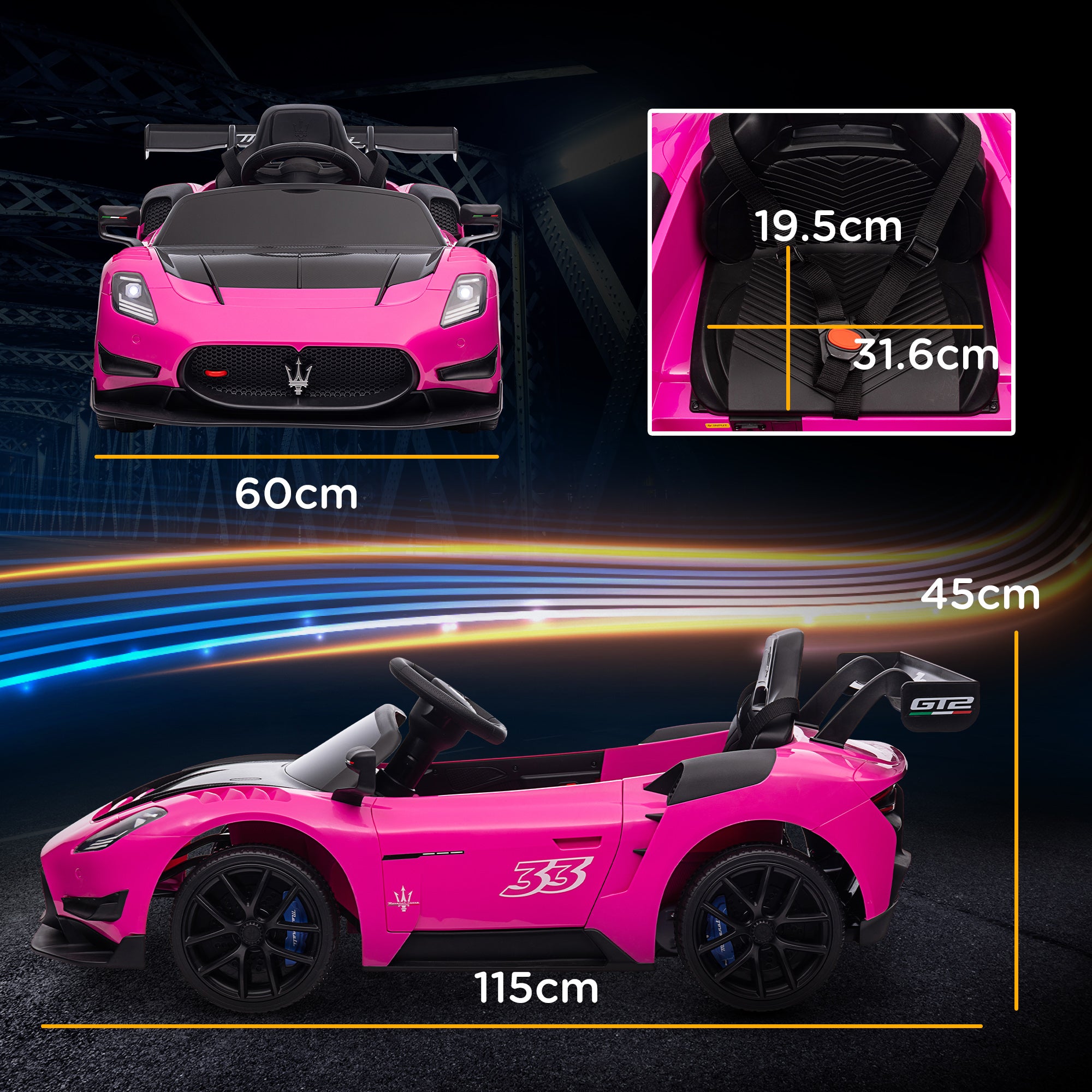 Maserati GT2 Licensed 12V Kids Electric Ride on Car with 4 Suspension, Remote Control Music Horn Lights - Pink