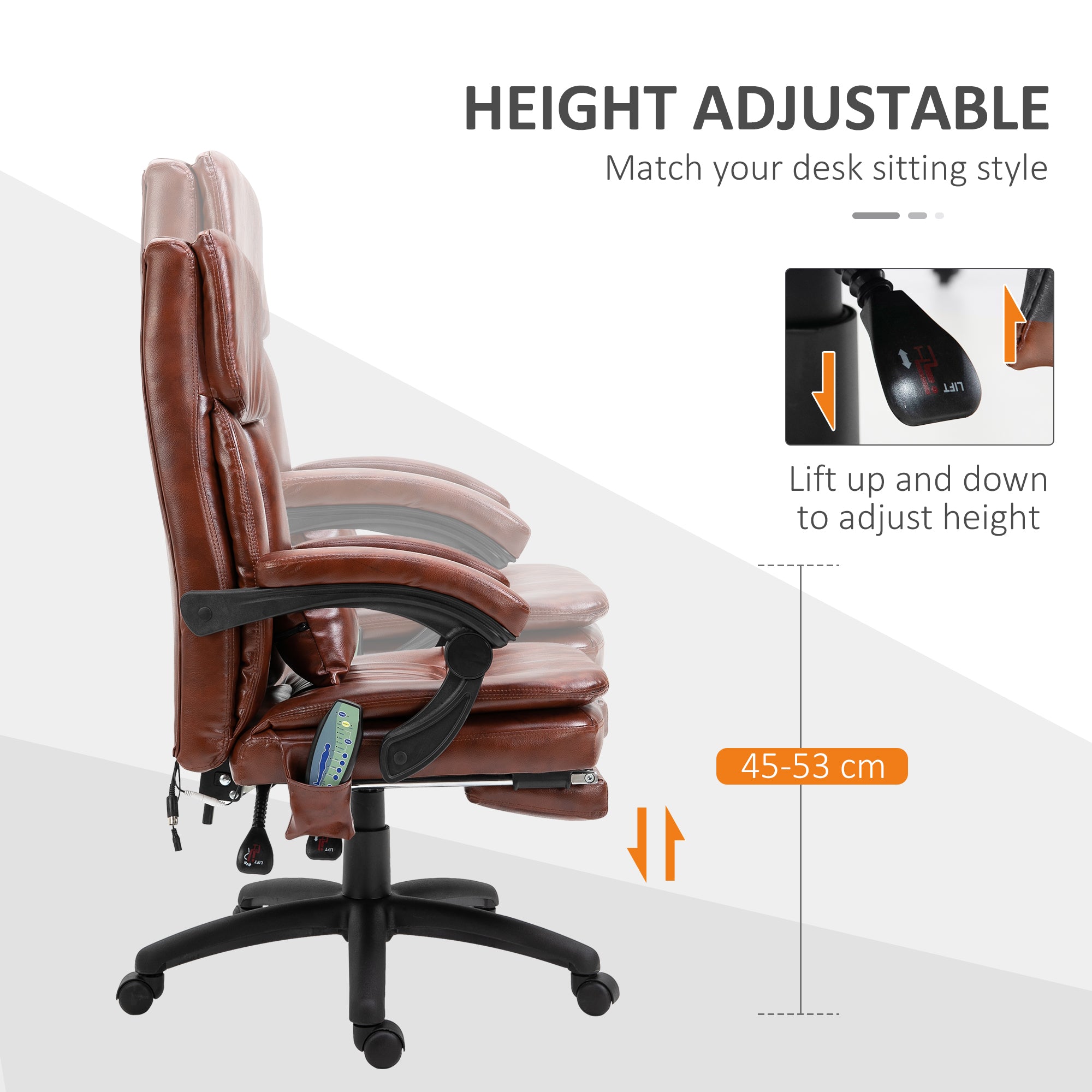 High Back Office Chair, Gaming Recliner Chair with Footrest, 7 Massage Points, Adjustable Height, Reclining Back, PU Leather, Brown