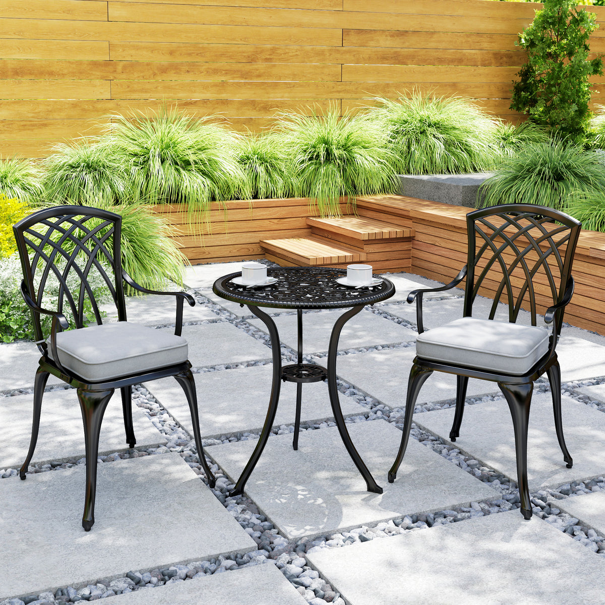 Three-Piece Cast Aluminium Bistro Set with Cushions and Parasol Hole - Black