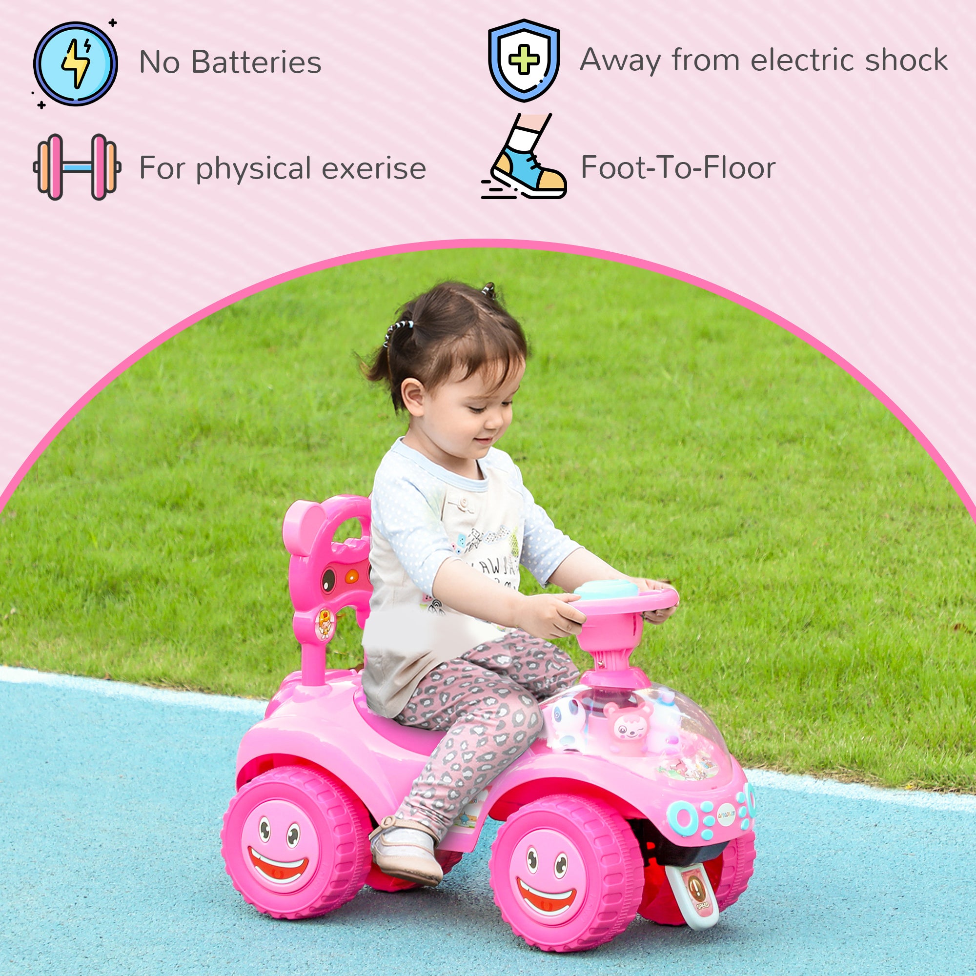 Foot to Floor oddler Ride on Toy w/ Music, Light, Horn, Under Seat Storage, Anti-Over-Backwards Device, Pink