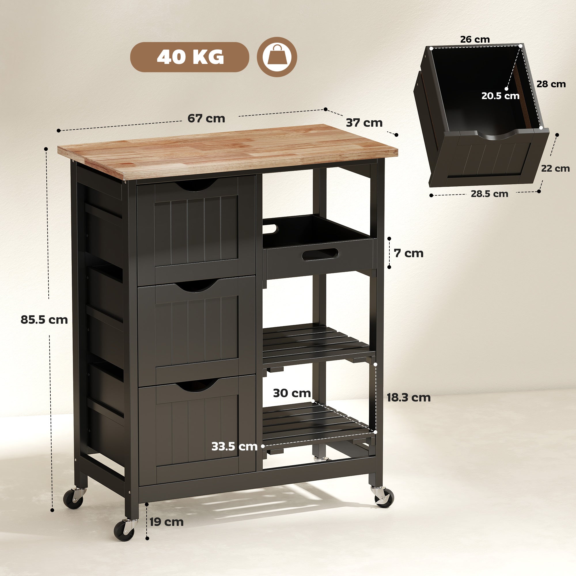 Rolling Kitchen Island Cart, Bar Serving Cart, Compact Trolley on Wheels with Wood Top, Shelves & Drawers for Home Dining Area, Black