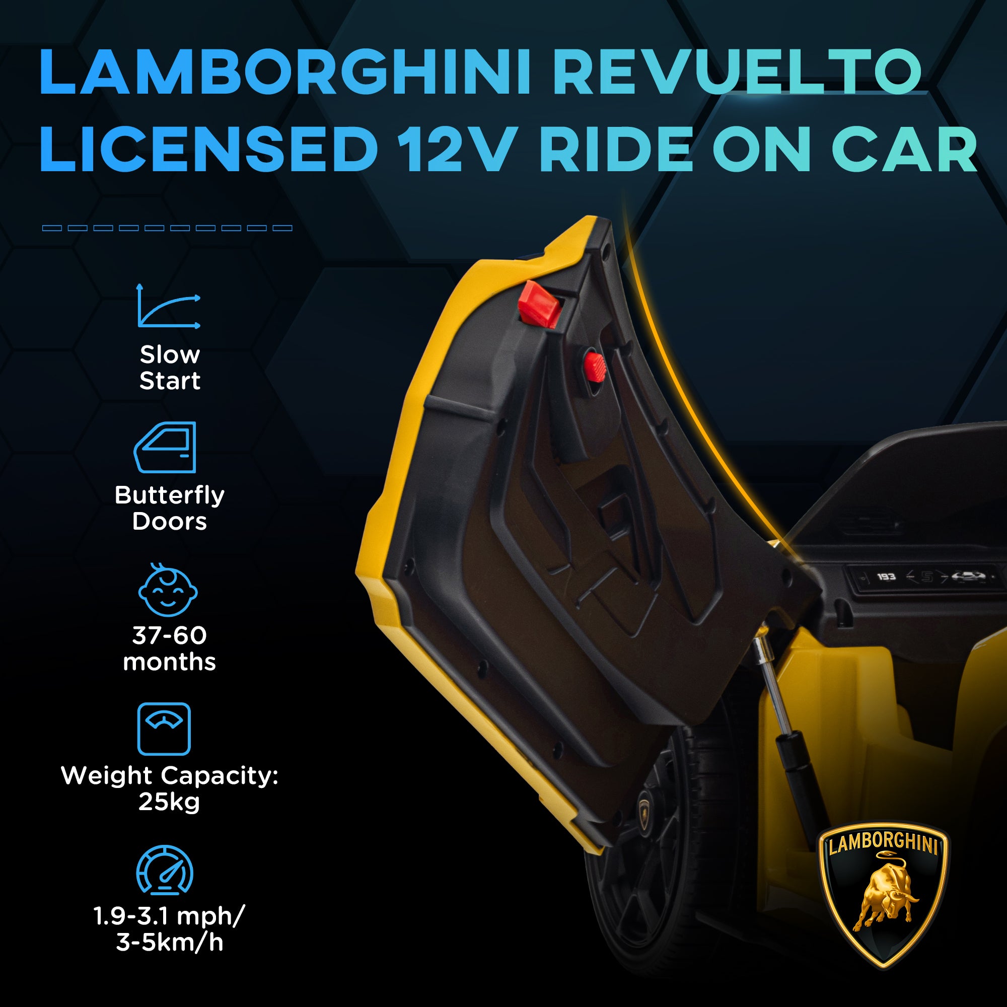 Lamborghini Revuelto Licensed 12V Ride on Car w/ Butterfly Doors, Transport Wheels, Suspension, Remote Control, Yellow