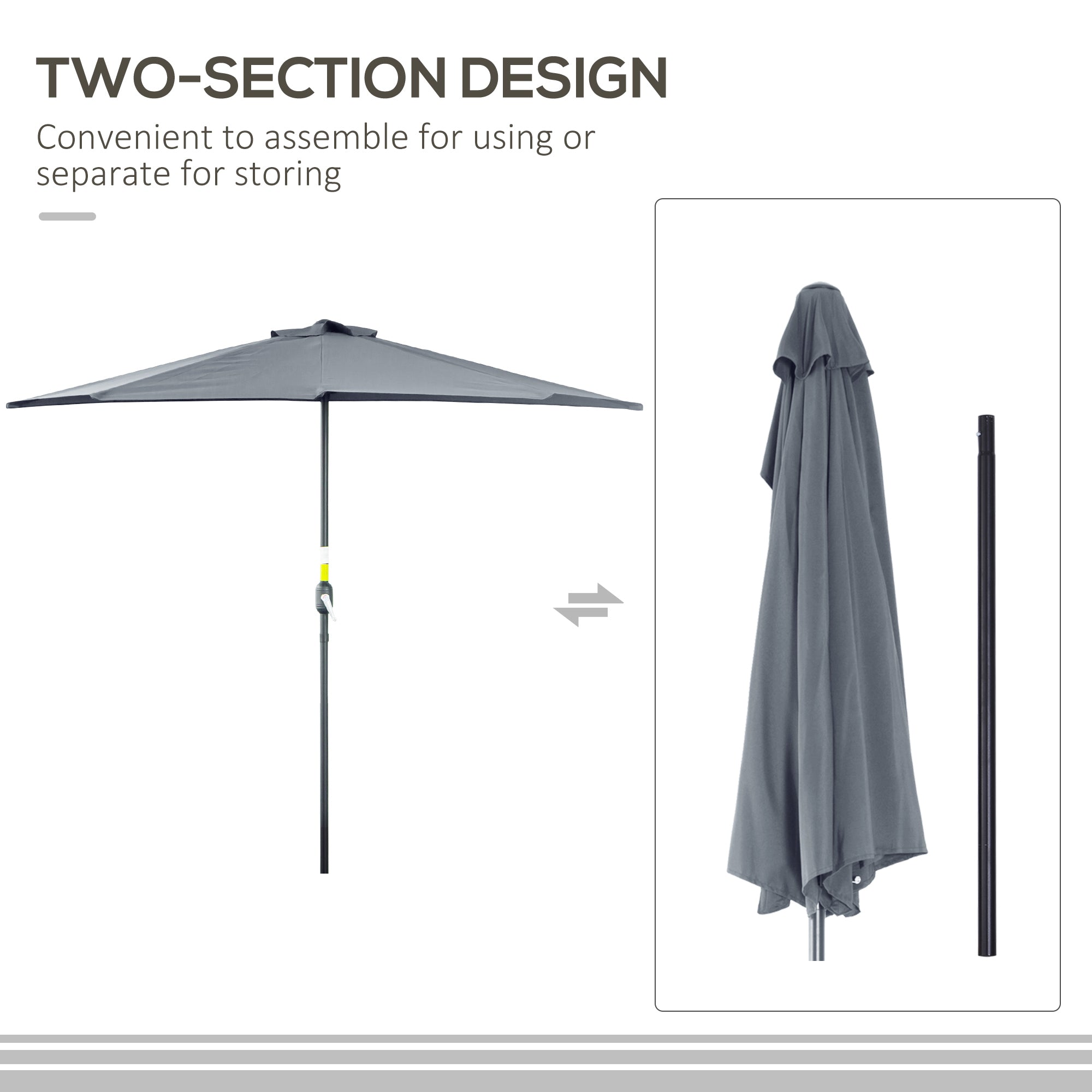 2.7m Garden Half Parasol, Outdoor Balcony Umbrella with 5 Steel Ribs, Patio Sun Shade, Grey