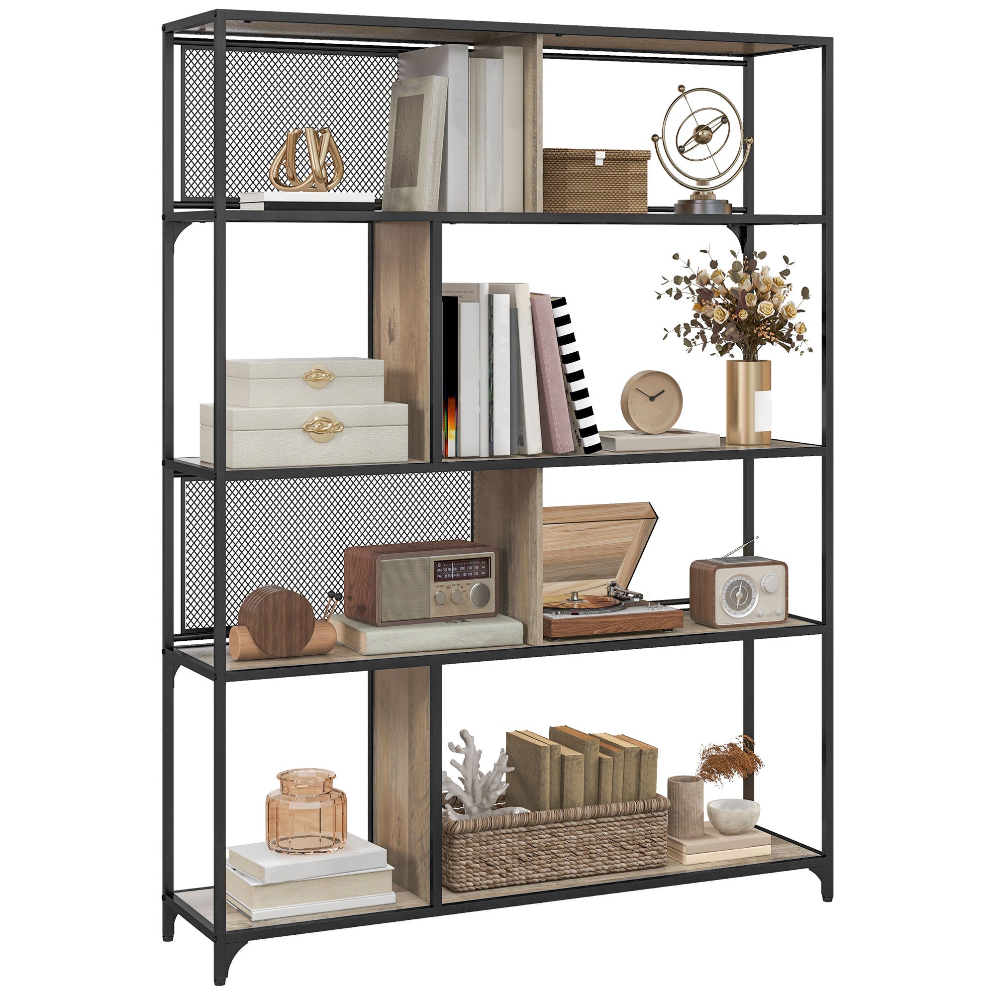 5 Tier Book Shelf with Sliding Mesh Doors, Industrial Storage Shelves, Metal Shelving Unit for Living Room, Study, Bedroom, Grey Wood Grain