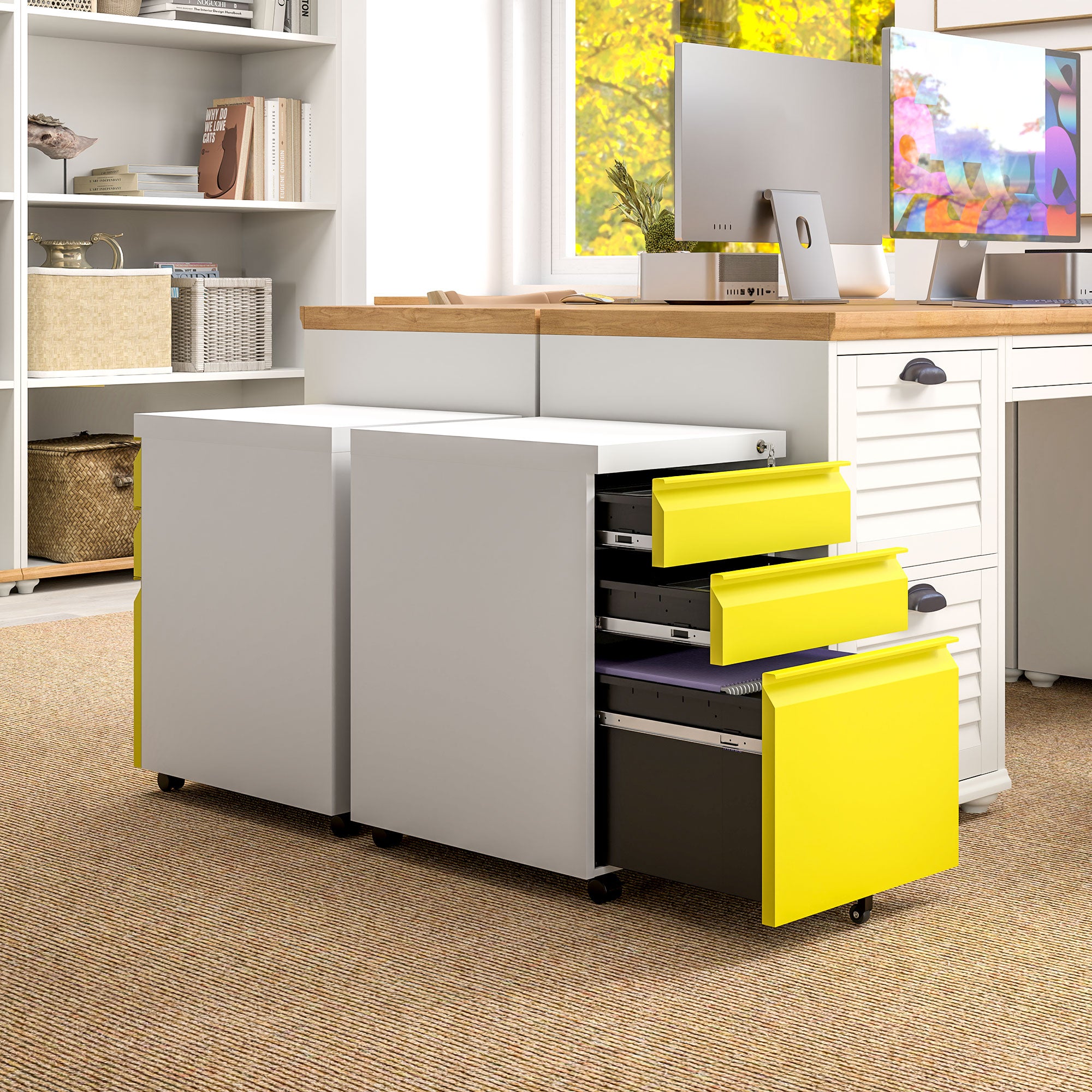 3 Drawer Filling Cabinet, Mobile Metal File Cabinet with Anti-tilt Design for Letter, A4, Legal Size, Yellow